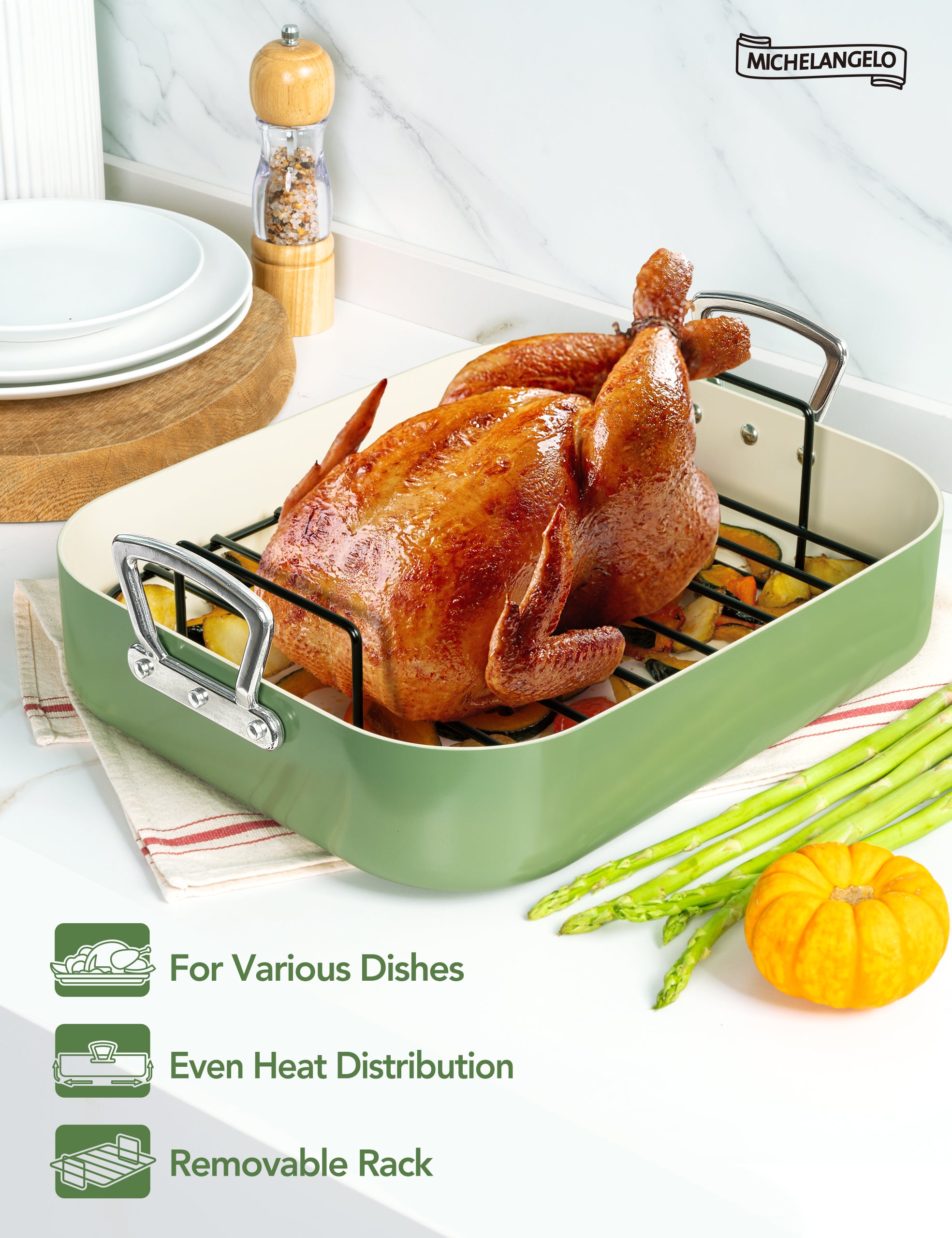 MICHELANGELO Nonstick Ceramic Roasting Pan with Rack，15 Inch x 13 Inch - Green