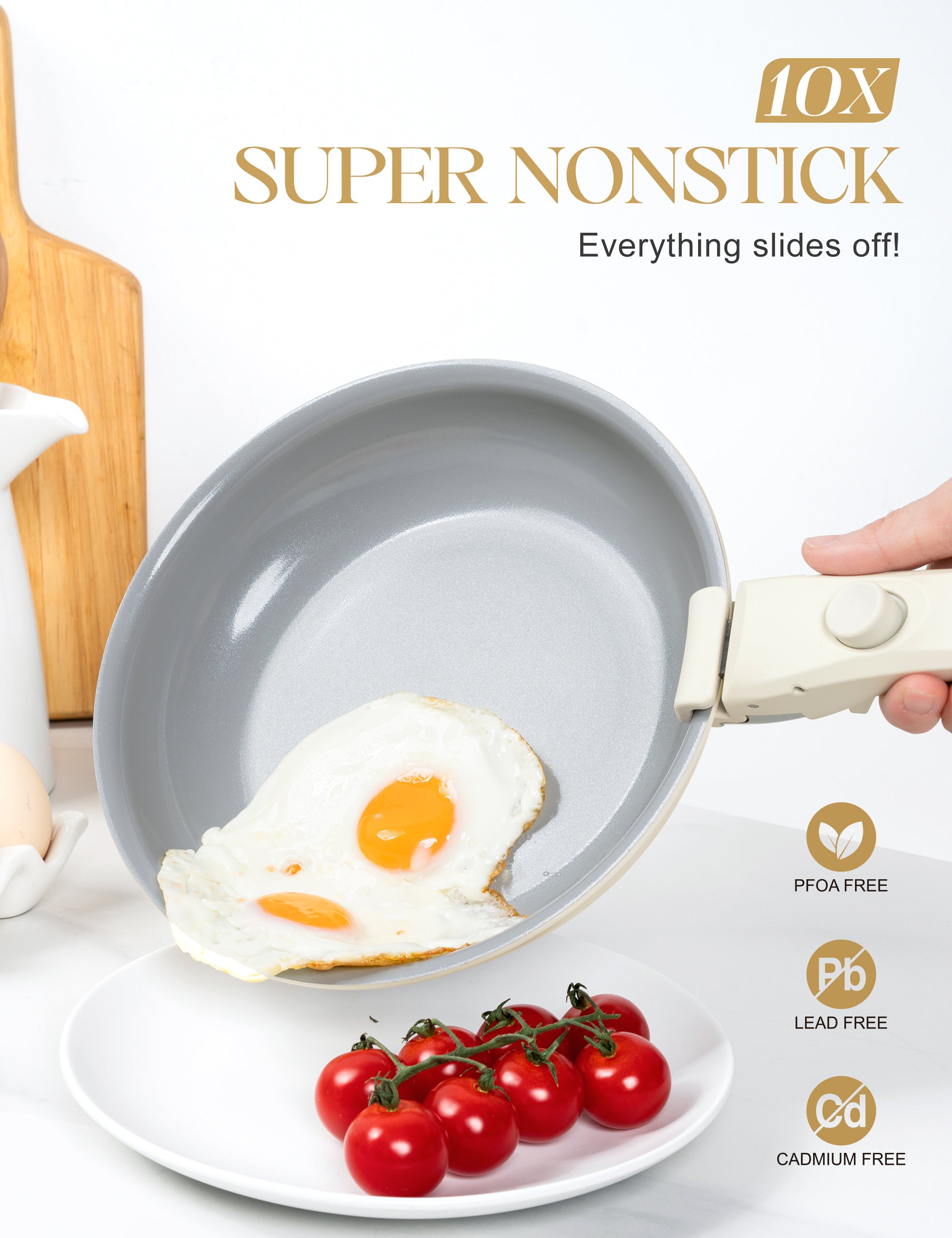 MICHELANGELO Nonstick Frying Pan Set Removable Handle, 8" 9.5" and 11" Frying Pans, Beige