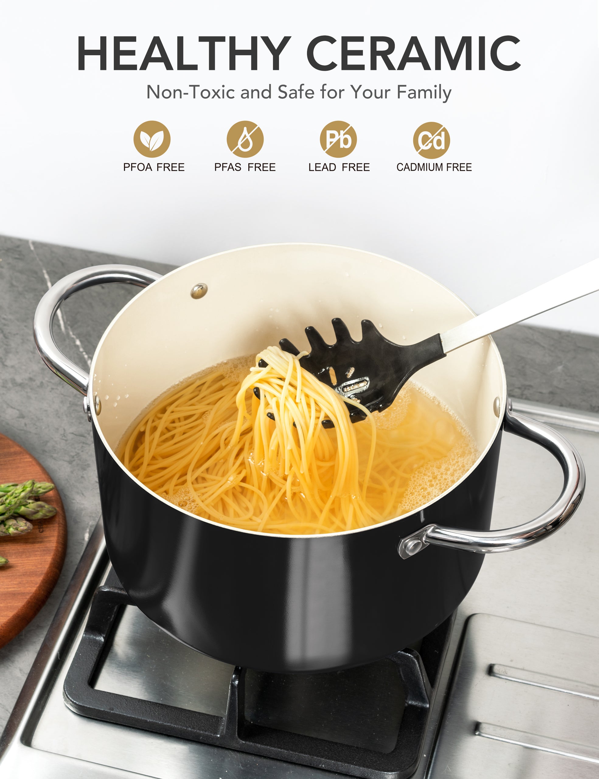 MICHELANGELO Stock Pot with Lid, Nonstick 6 Quart Soup Pot with Ceramic Coating, Black