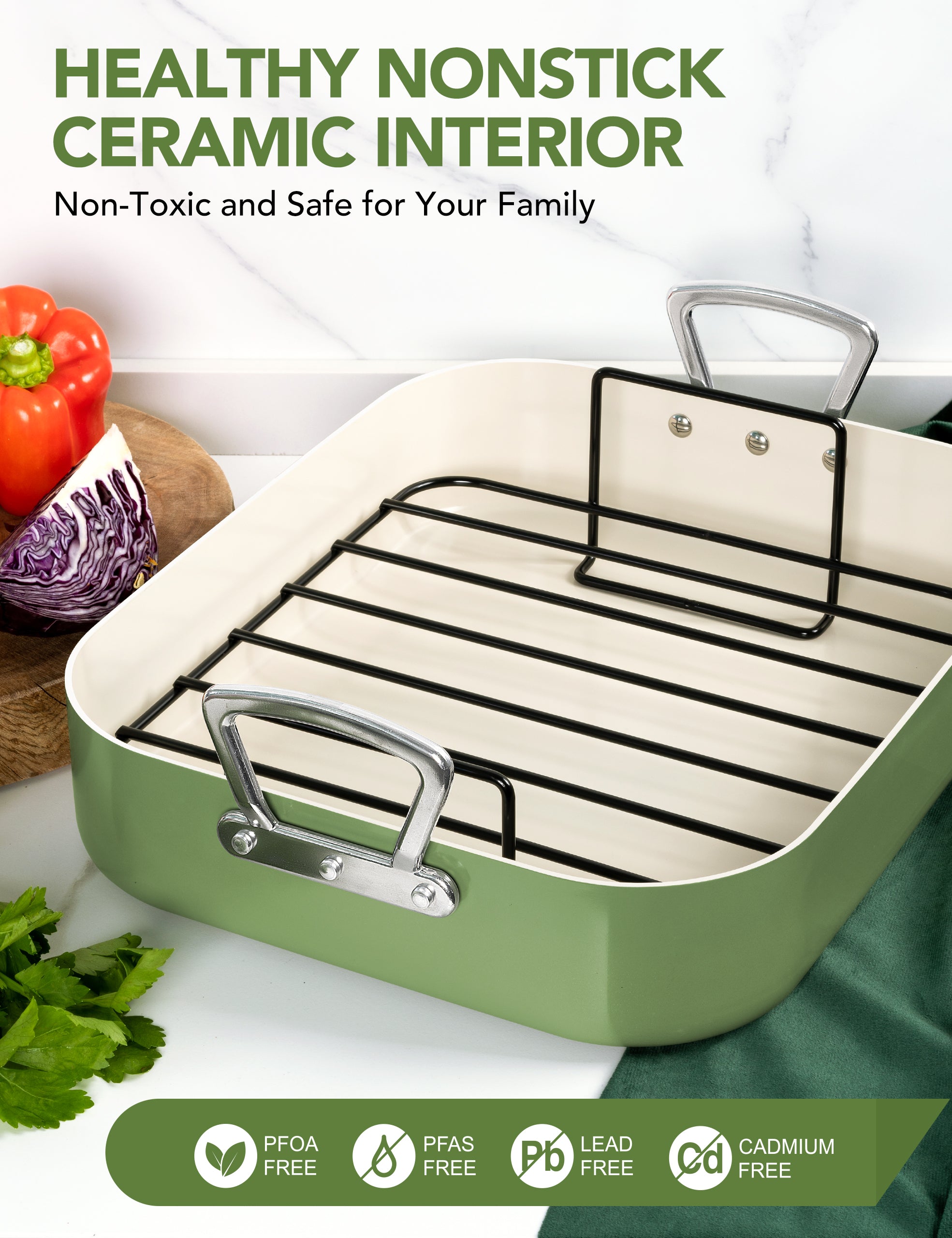 MICHELANGELO Nonstick Ceramic Roasting Pan with Rack，15 Inch x 13 Inch - Green