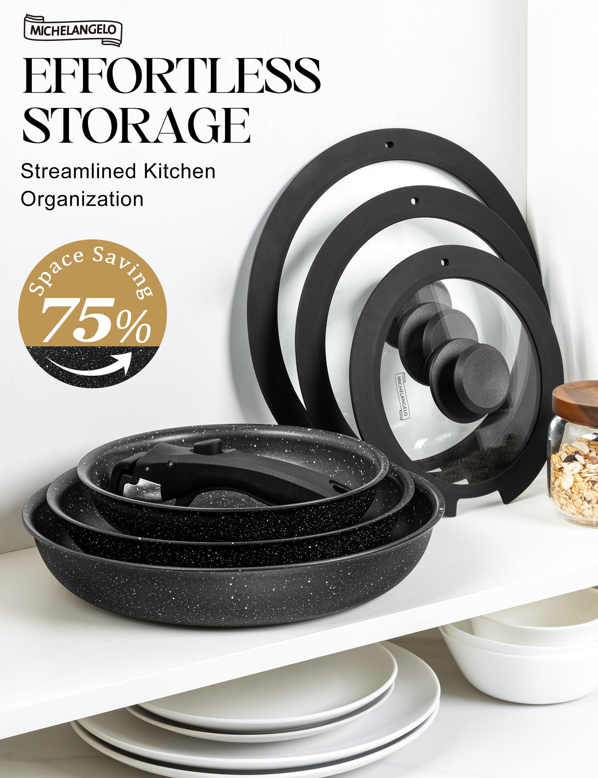 MICHELANGELO Nonstick Frying Pan Set with Lid, 8" 9.5" and 11" Fry Pans with Detachable Handle,Black