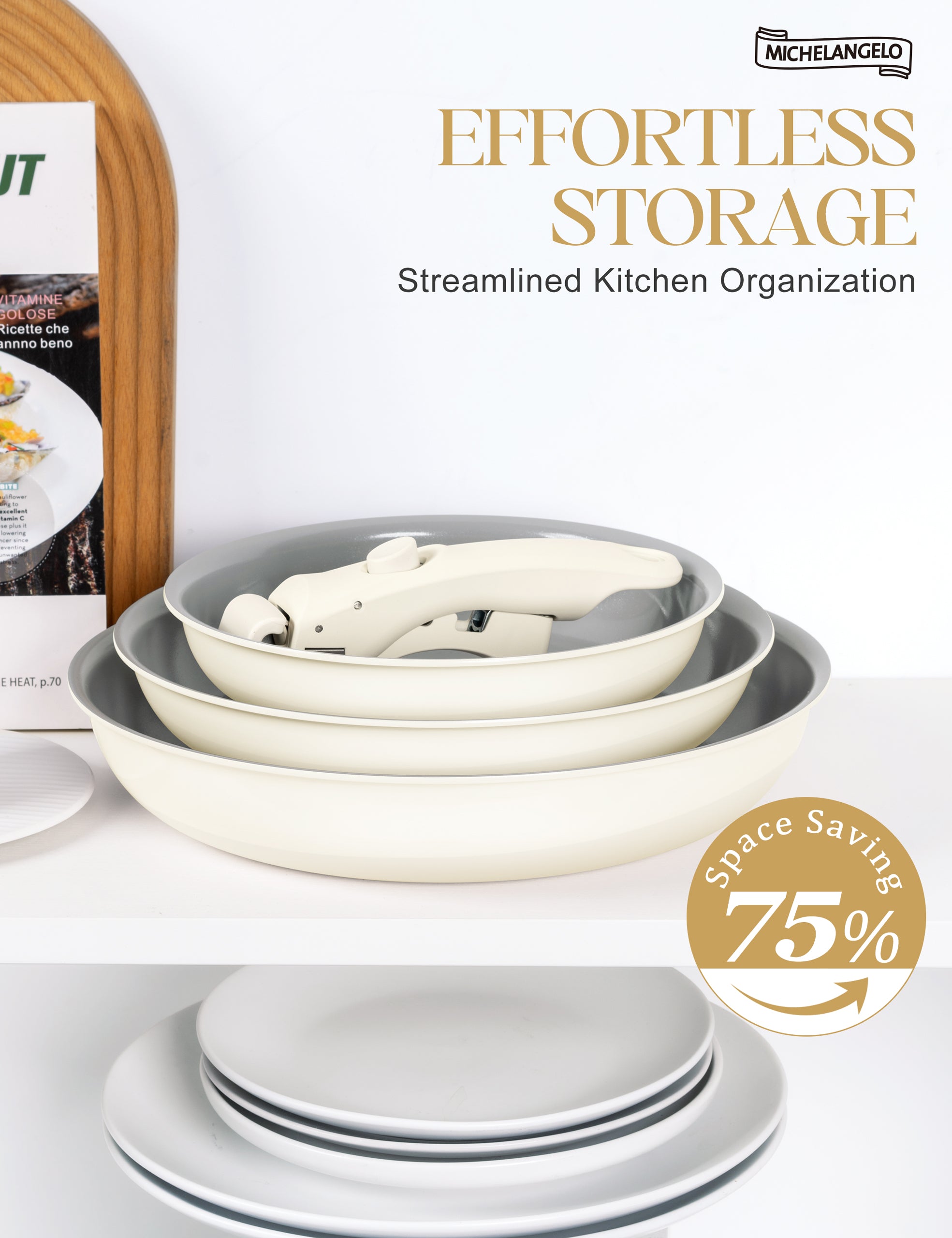 MICHELANGELO Nonstick Frying Pan Set Removable Handle, 8" 9.5" and 11" Frying Pans, Beige