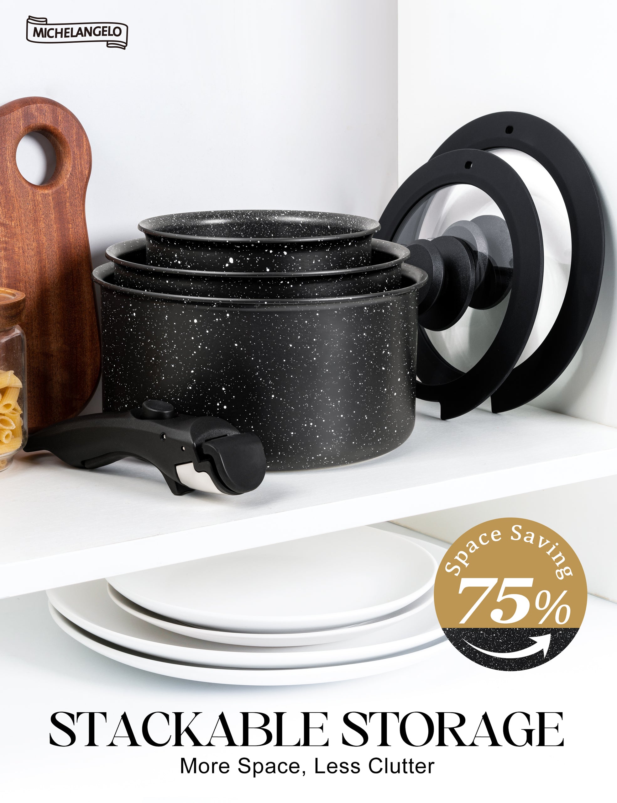 MICHELANGELO Sauce Pan Set,1Qt & 2 Qt & 3Qt Pots with Removable Handles, Black