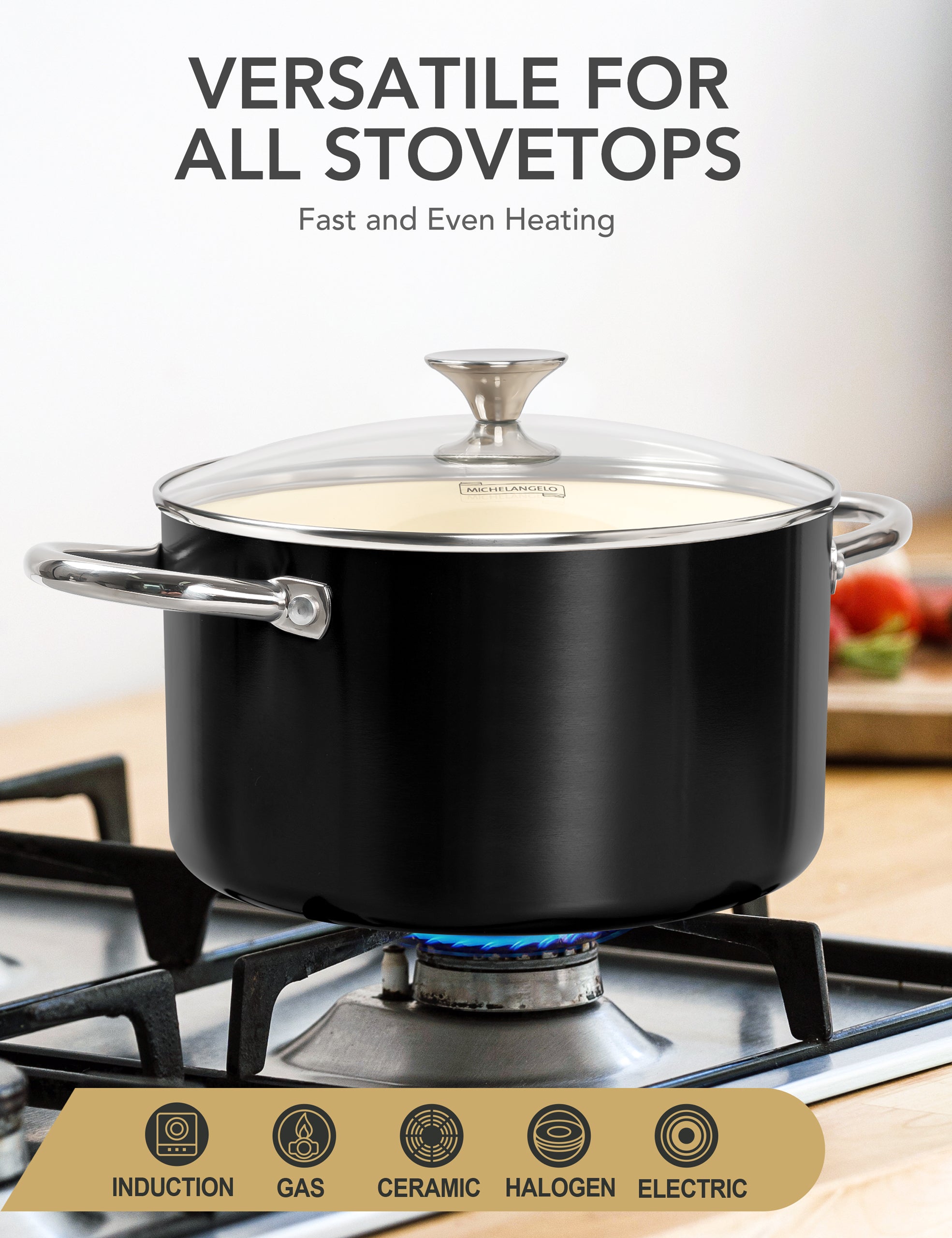 MICHELANGELO Stock Pot with Lid, Nonstick 6 Quart Soup Pot with Ceramic Coating, Black