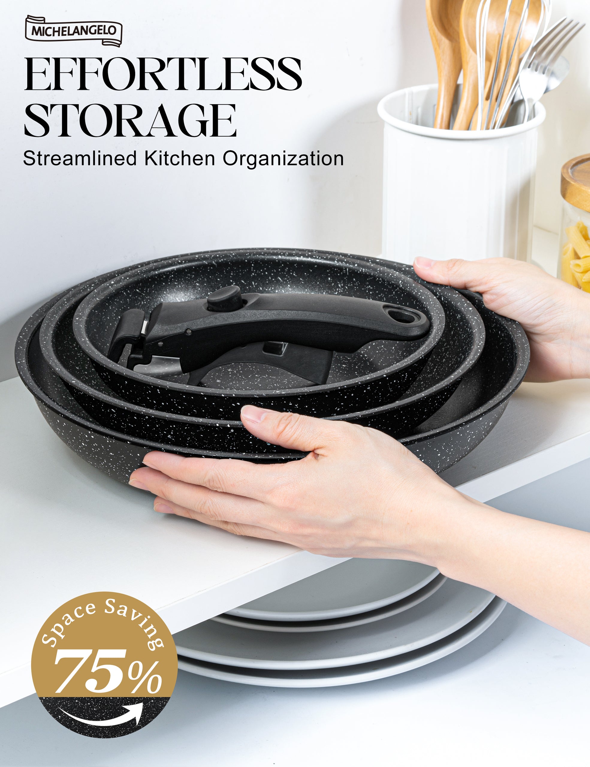 MICHELANGELO Nonstick Frying Pan Set Removable Handle, 8" 9.5" and 11", Black