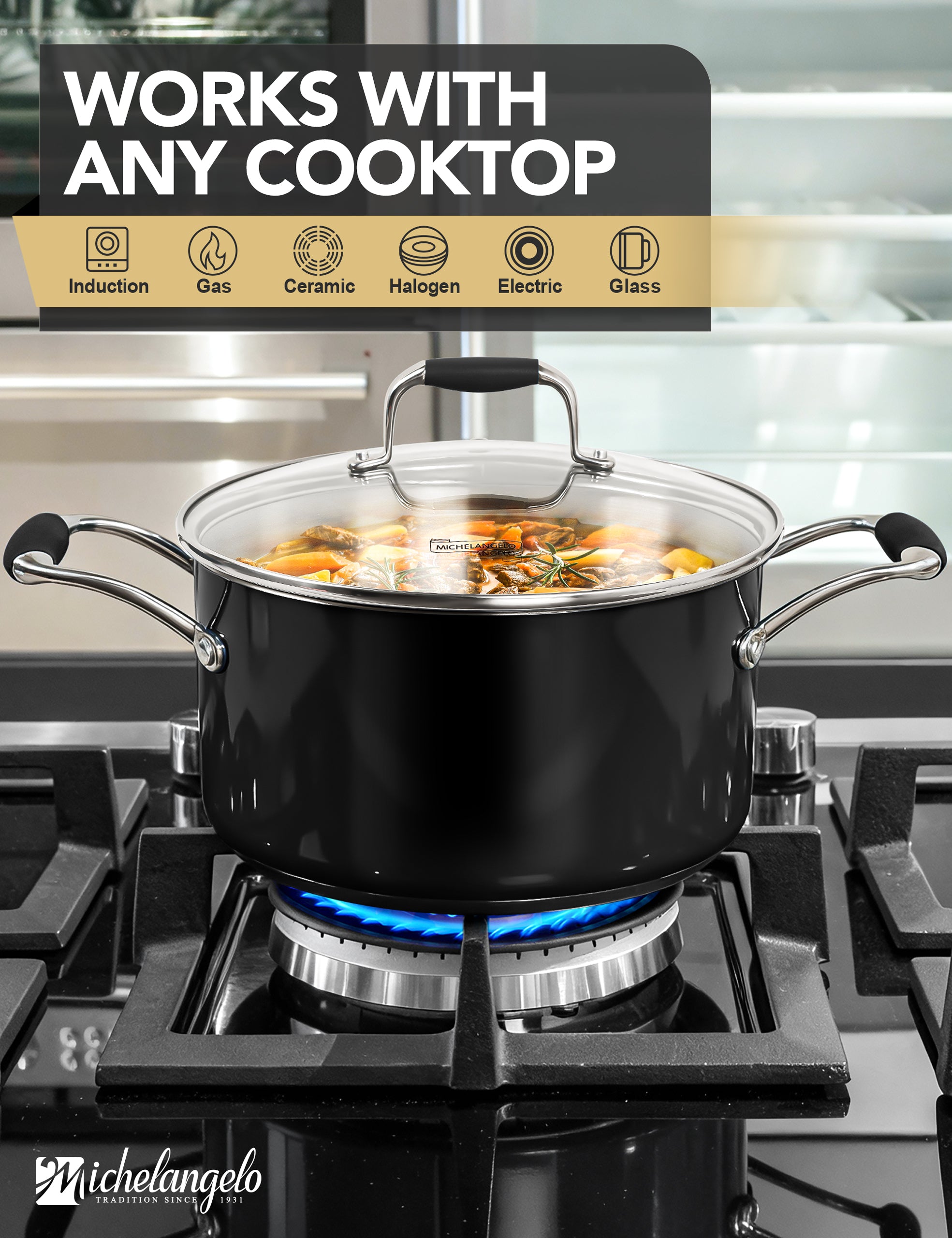 MICHELANGELO Stainless Steel Cooking Pot - 6 Quart Soup Pot with Lid