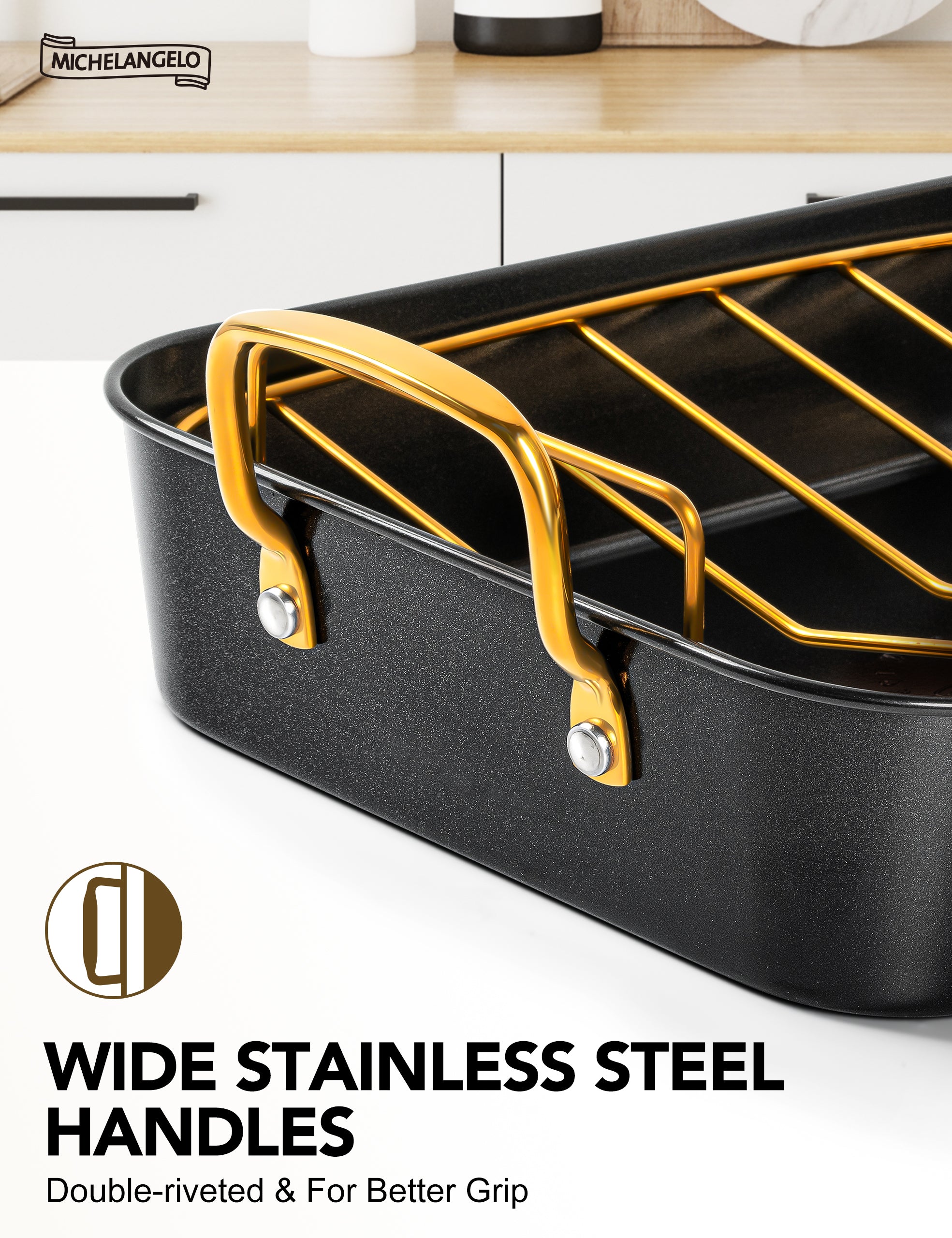 MICHELANGELO Roasting Pan with Rack  Carbon Steel Turkey Roasting Pan& Golden Handle,15 Inch x 11 Inch