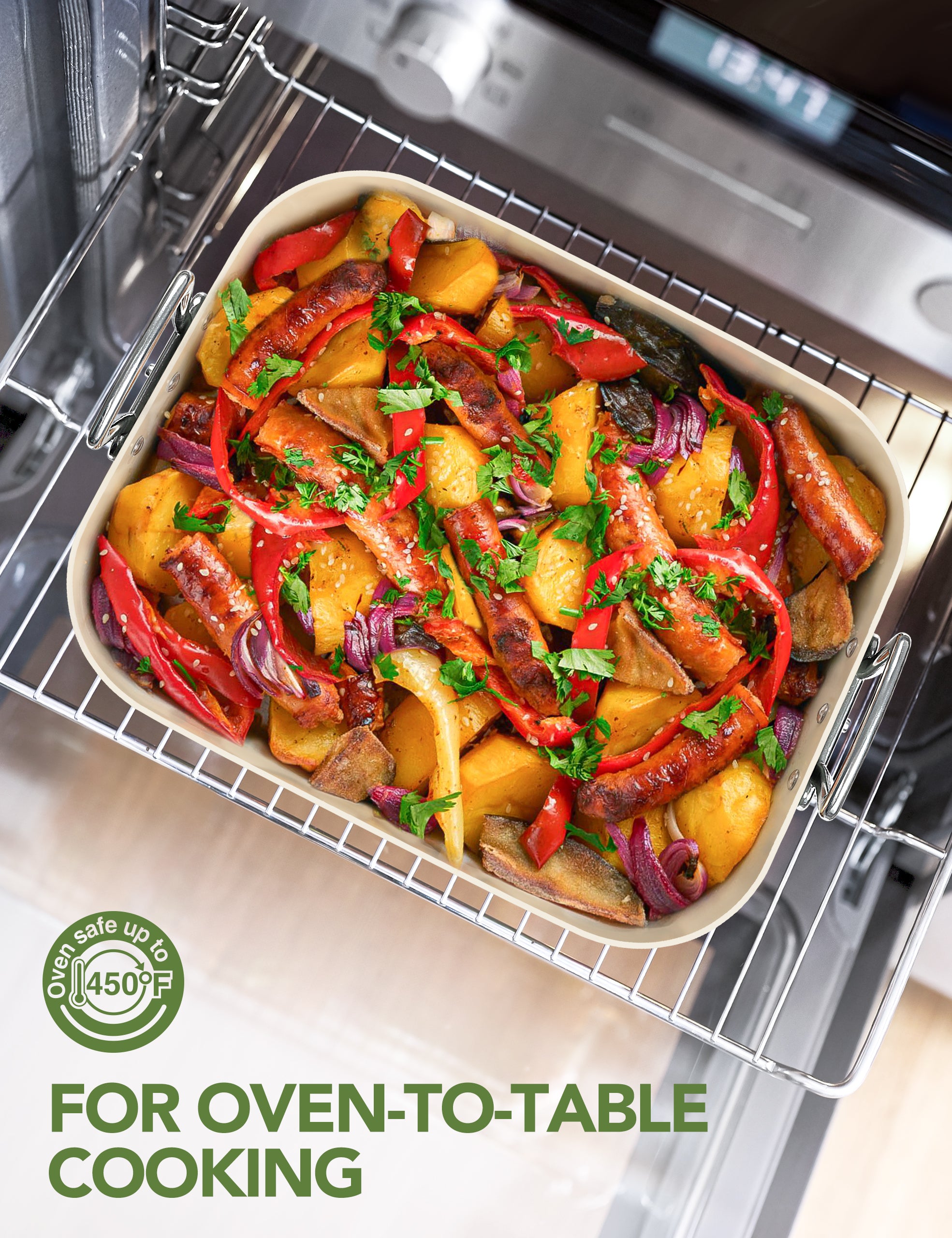 MICHELANGELO Nonstick Ceramic Roasting Pan with Rack，15 Inch x 13 Inch - Green