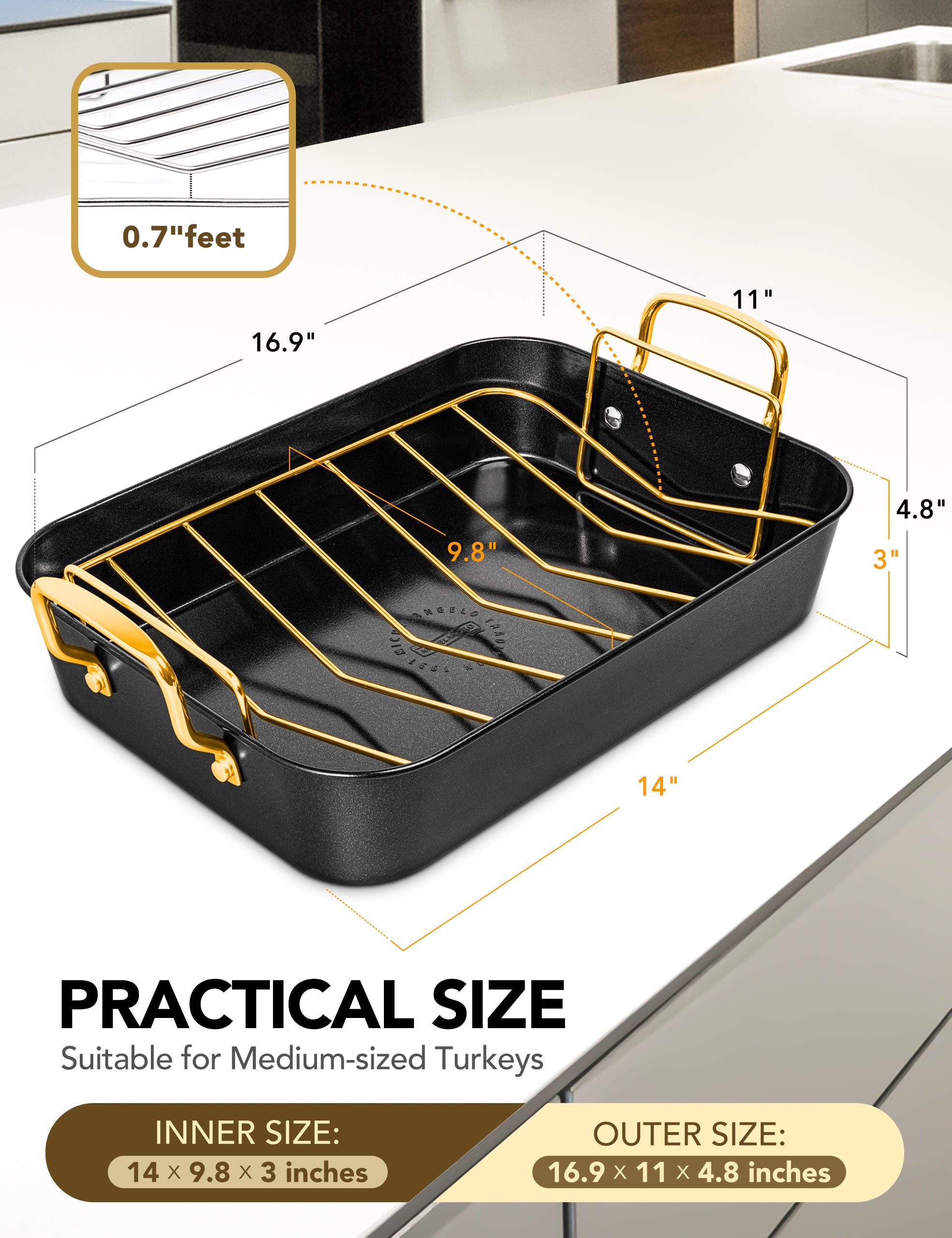 MICHELANGELO Roasting Pan with Rack  Carbon Steel Turkey Roasting Pan& Golden Handle,15 Inch x 11 Inch
