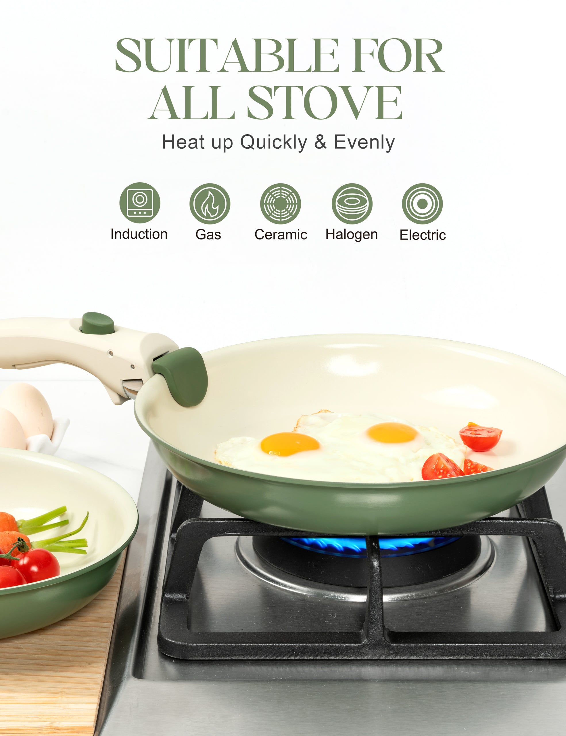 MICHELANGELO Nonstick Frying Pan Set Removable Handle, 8" 9.5" and 11" Frying Pans, Green