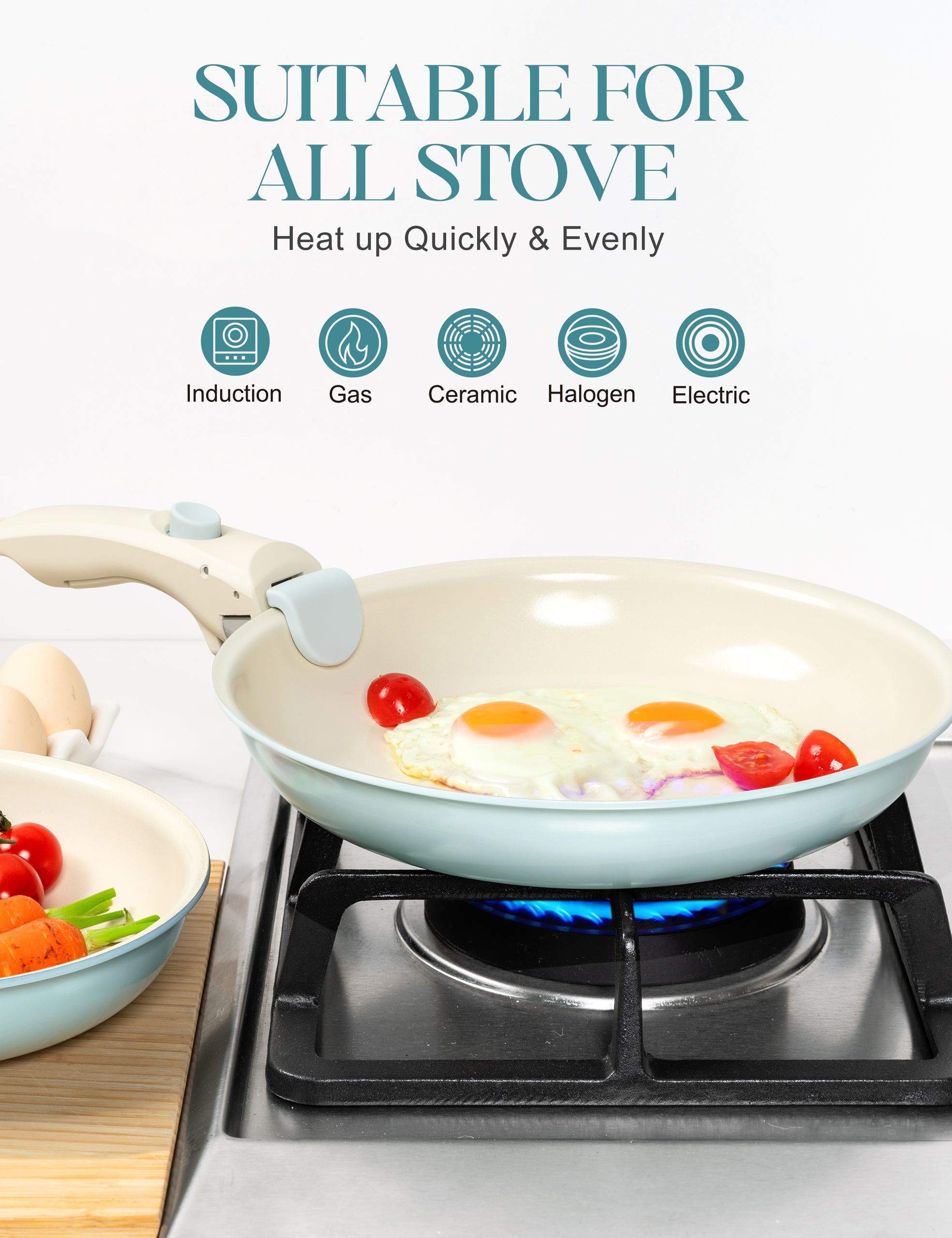 MICHELANGELO Ceramic Frying Pan Set, 8" 9.5" and 11" Fry Pans with Removable Handle, Blue