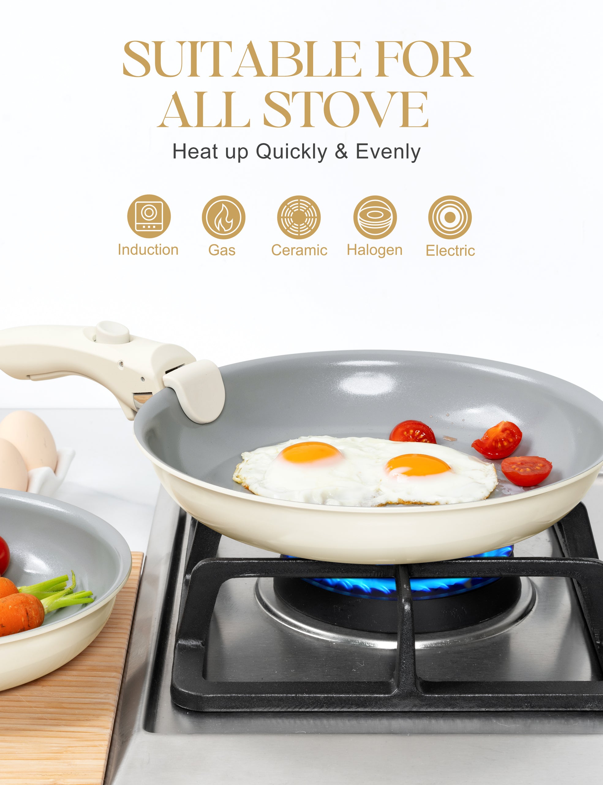 MICHELANGELO Nonstick Frying Pan Set Removable Handle, 8" 9.5" and 11" Frying Pans, Beige