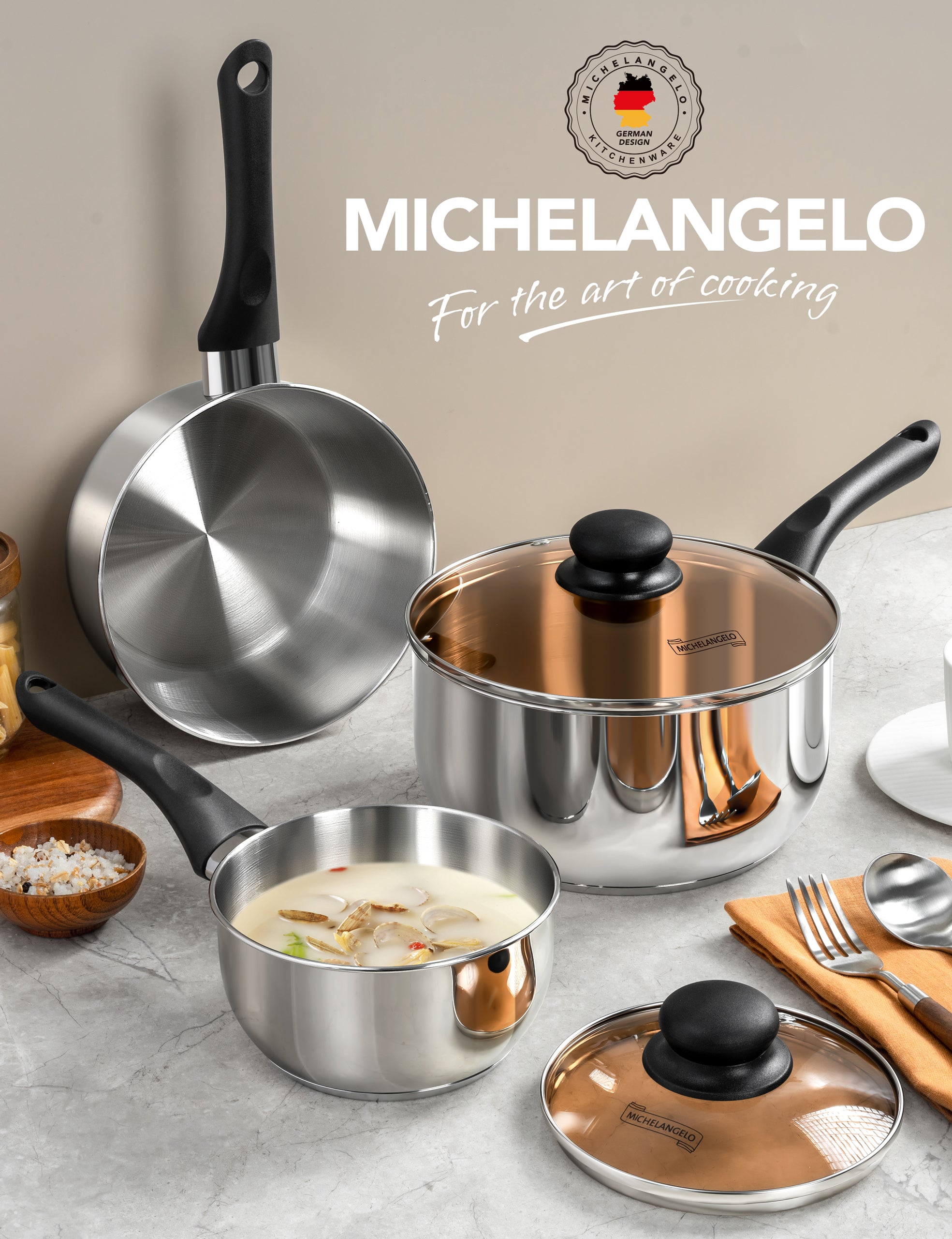 MICHELANGELO 1 & 2 & 3 Quart Stainless Steel Saucepan Set with Bakelite Handle