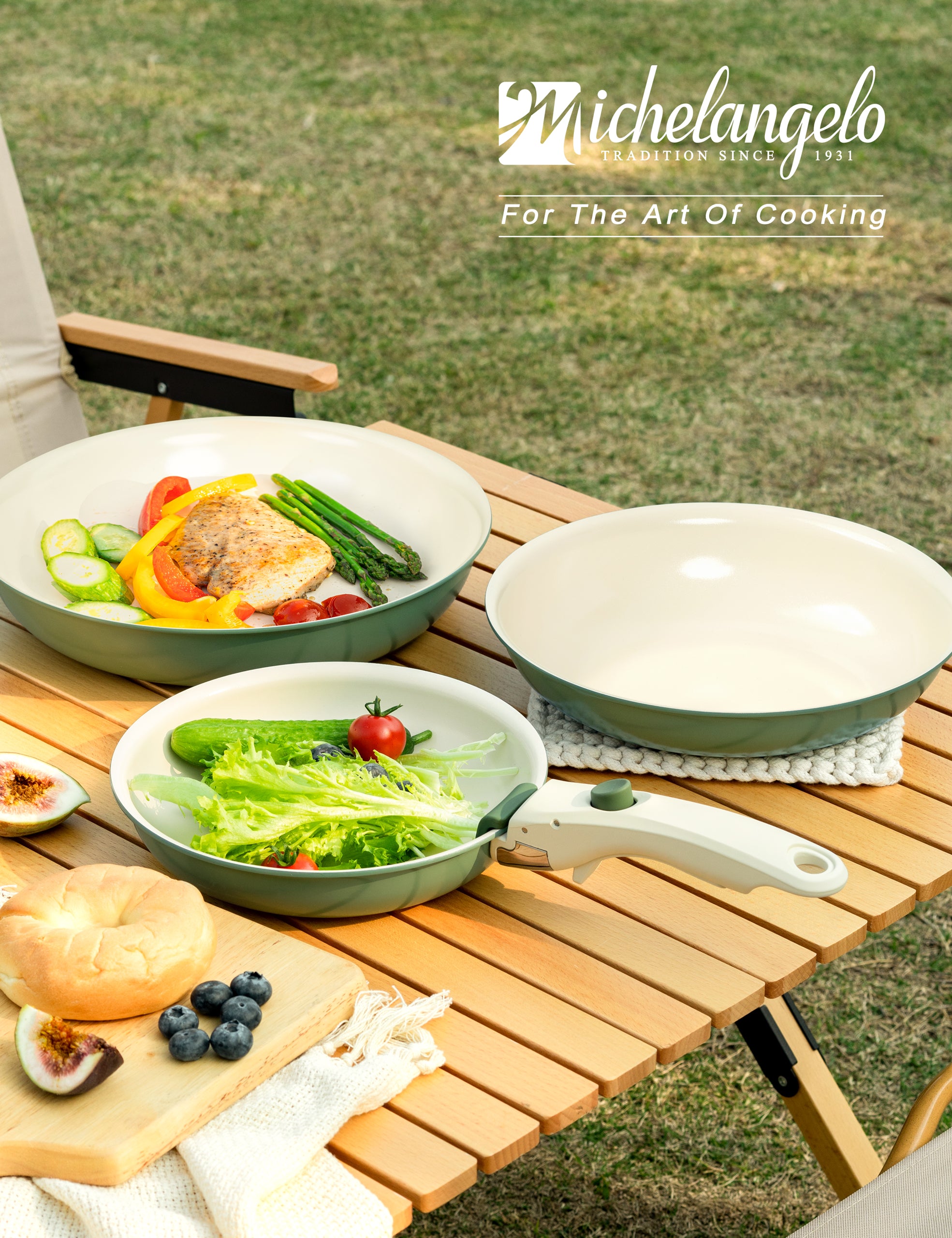 MICHELANGELO Nonstick Frying Pan Set Removable Handle, 8" 9.5" and 11" Frying Pans, Green