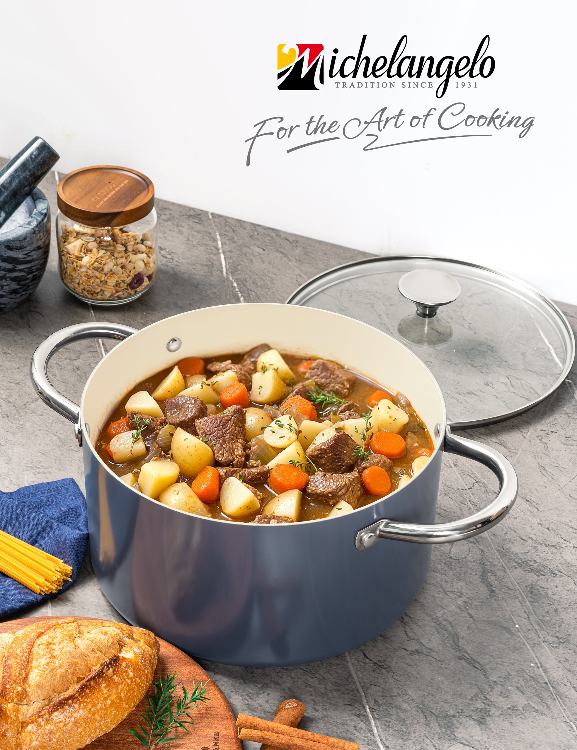 MICHELANGELO Stock Pot with Lid, Nonstick 6 Quart Soup Pot with Ceramic Coating, Haze blue