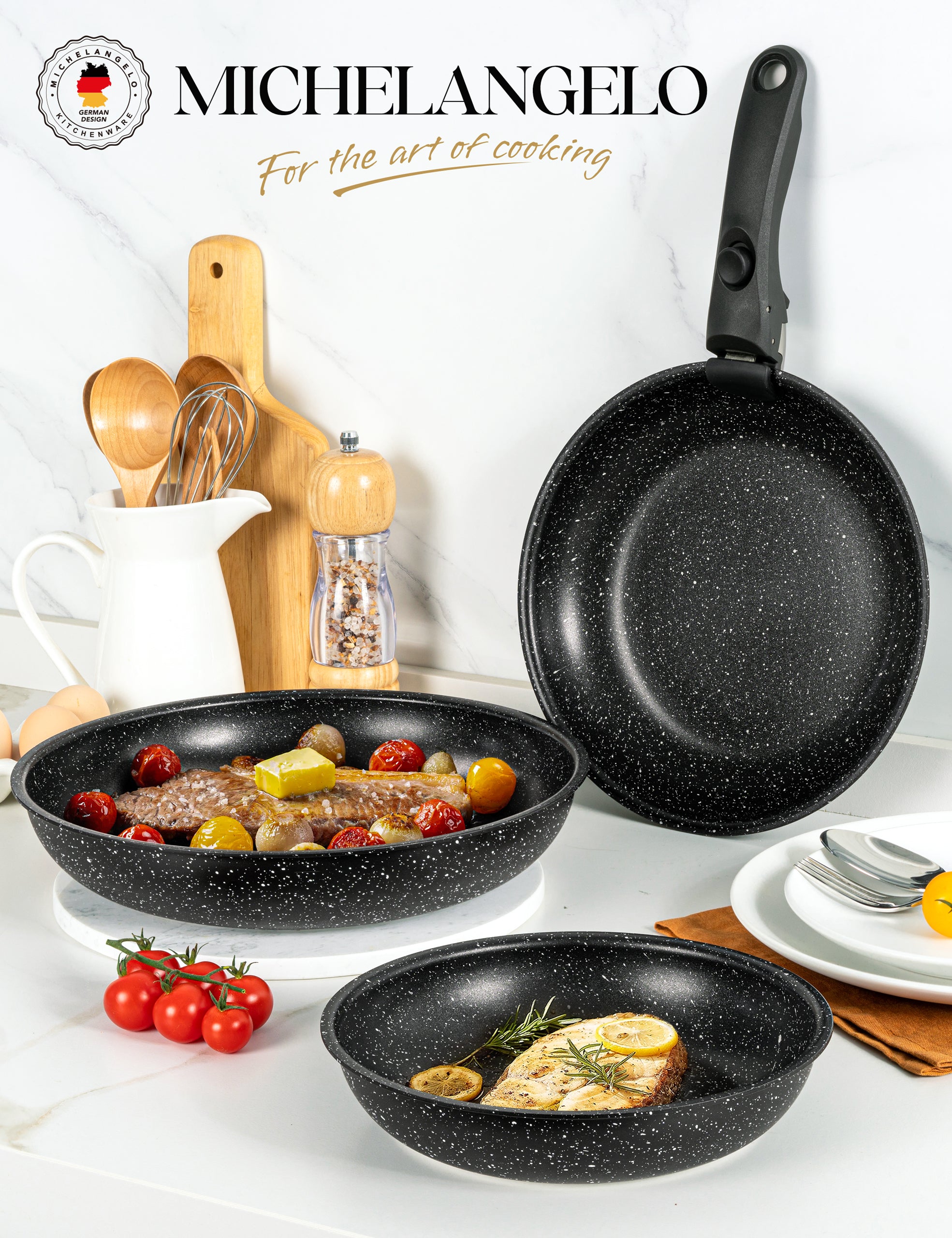 MICHELANGELO Nonstick Frying Pan Set Removable Handle, 8" 9.5" and 11", Black
