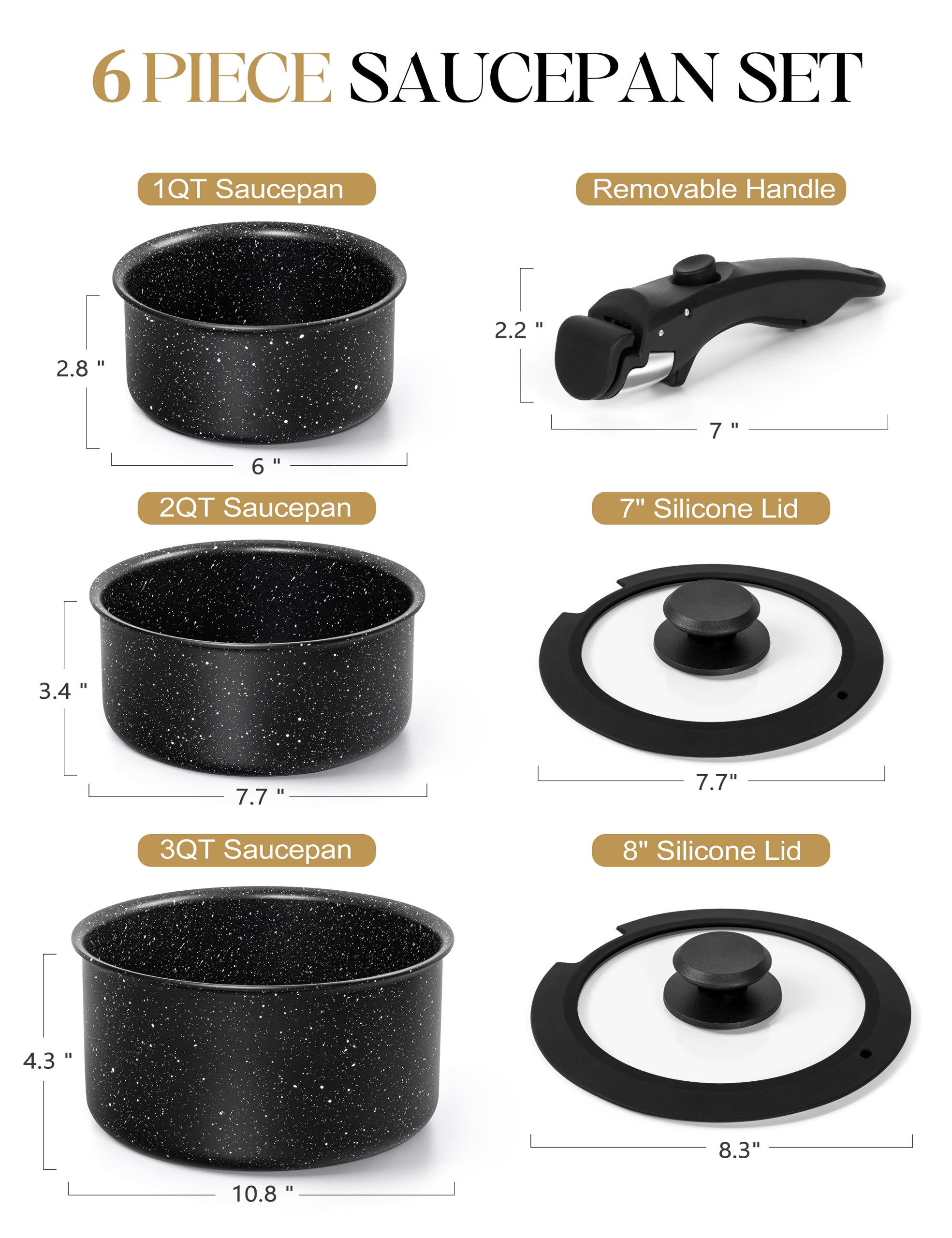 MICHELANGELO Sauce Pan Set,1Qt & 2 Qt & 3Qt Pots with Removable Handles, Black
