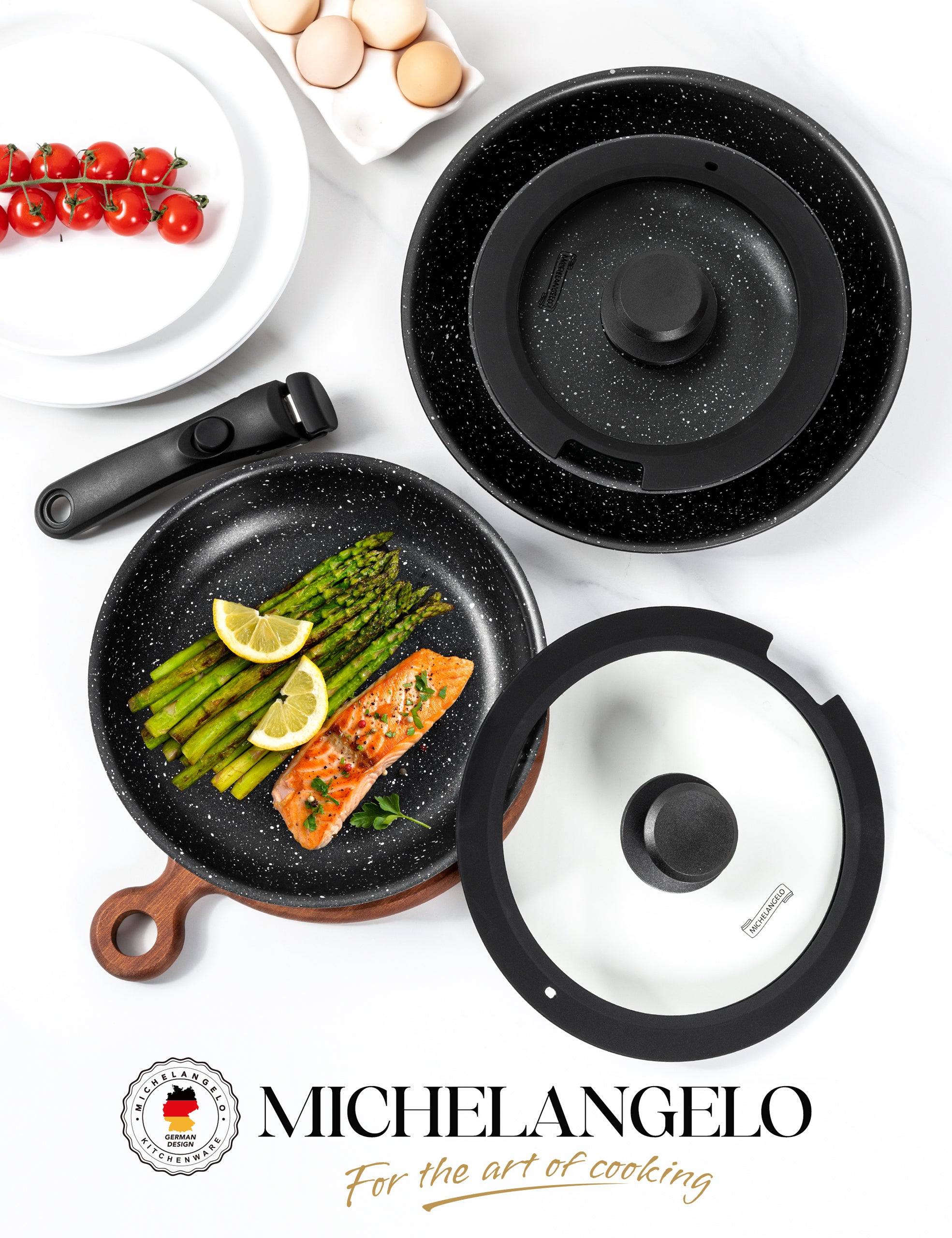 MICHELANGELO Nonstick Frying Pan Set with Lid, 8" 9.5" and 11" Fry Pans with Detachable Handle,Black