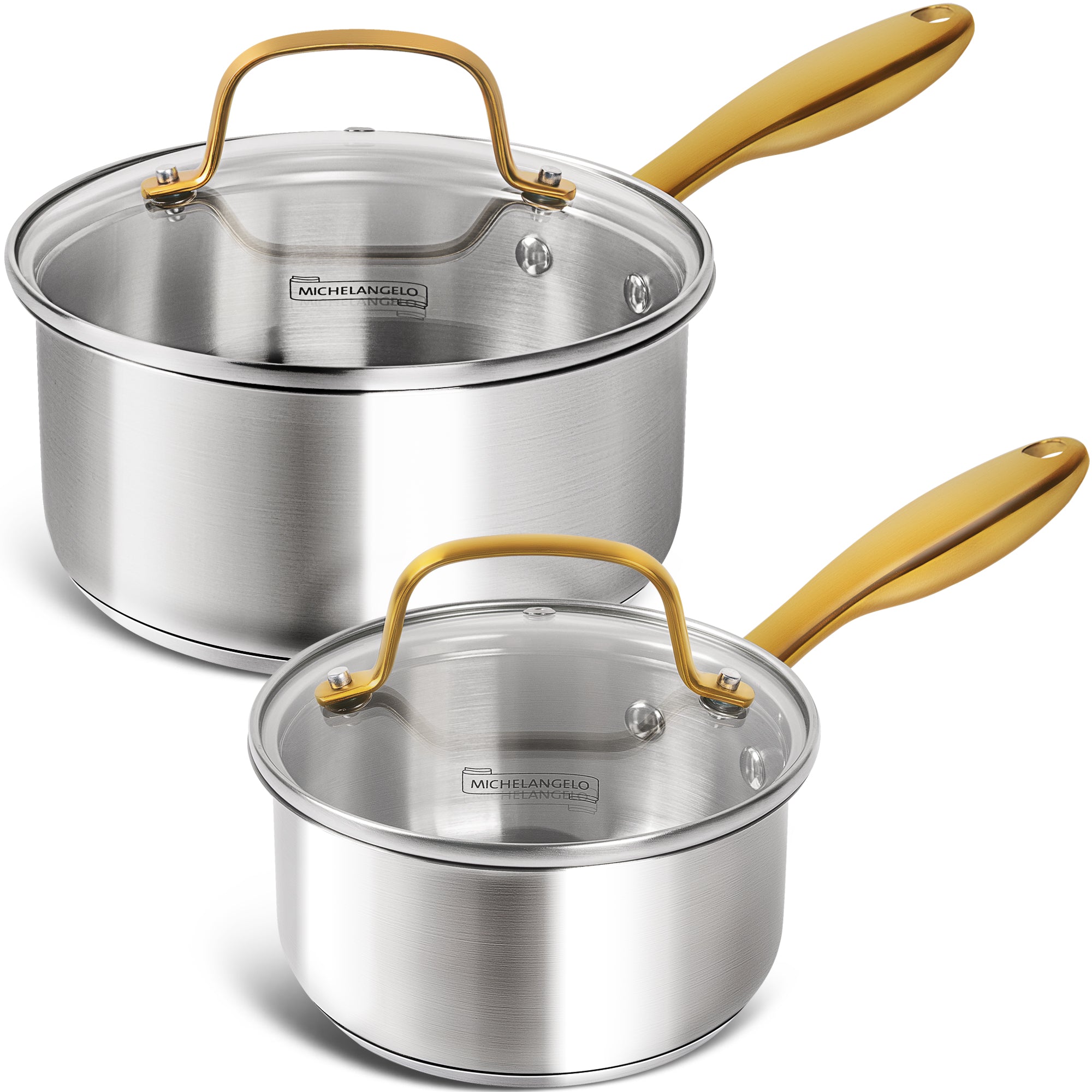 MICHELANGELO Stainless Steel Saucepan with Lid & Pour Spout 1QT & 2QT,Stay-Cool Golden Handles