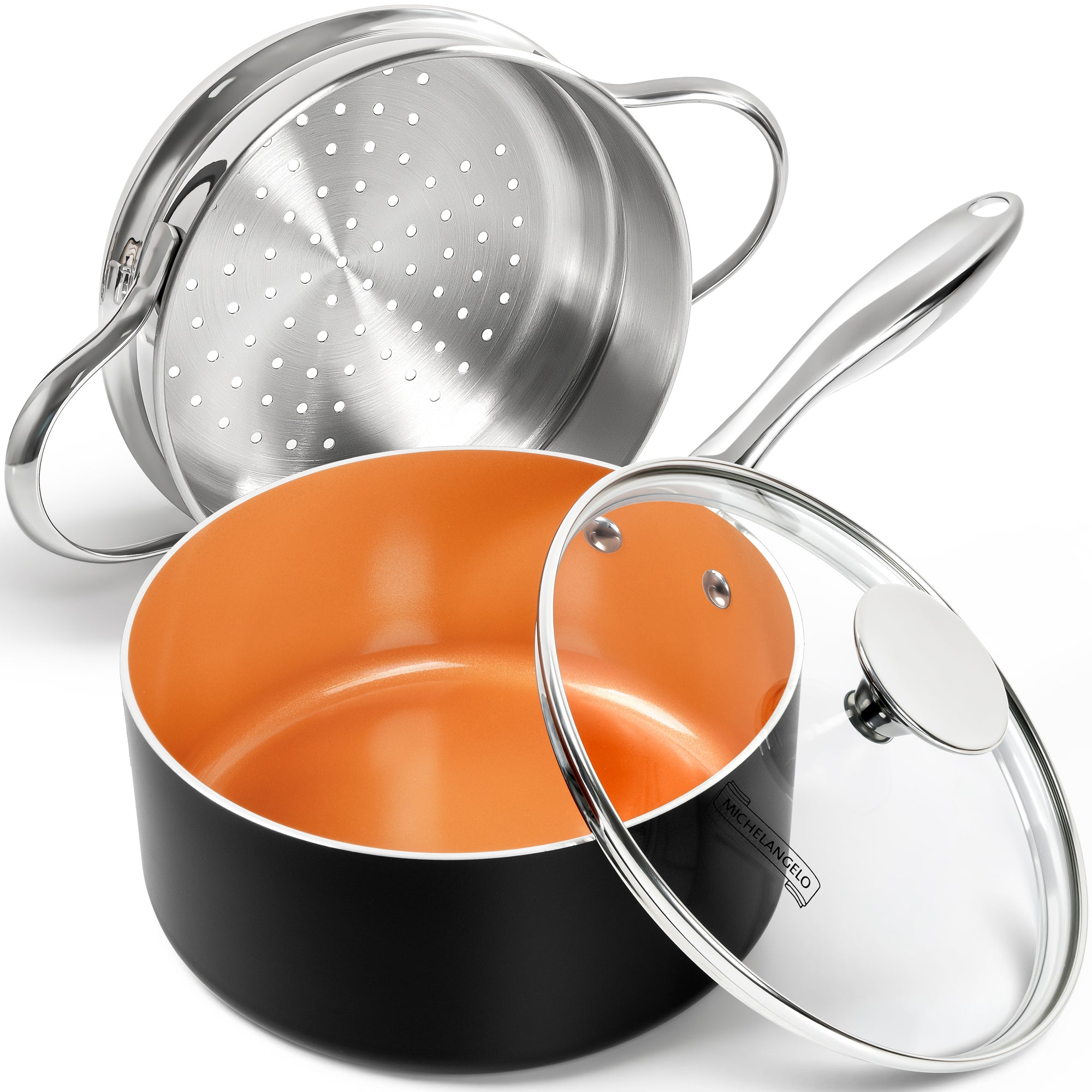 MICHELANGELO Nonstick Sauce Pan with Lid,  1QT & 2QT Ceramic Saucepan with 2QT Steamer