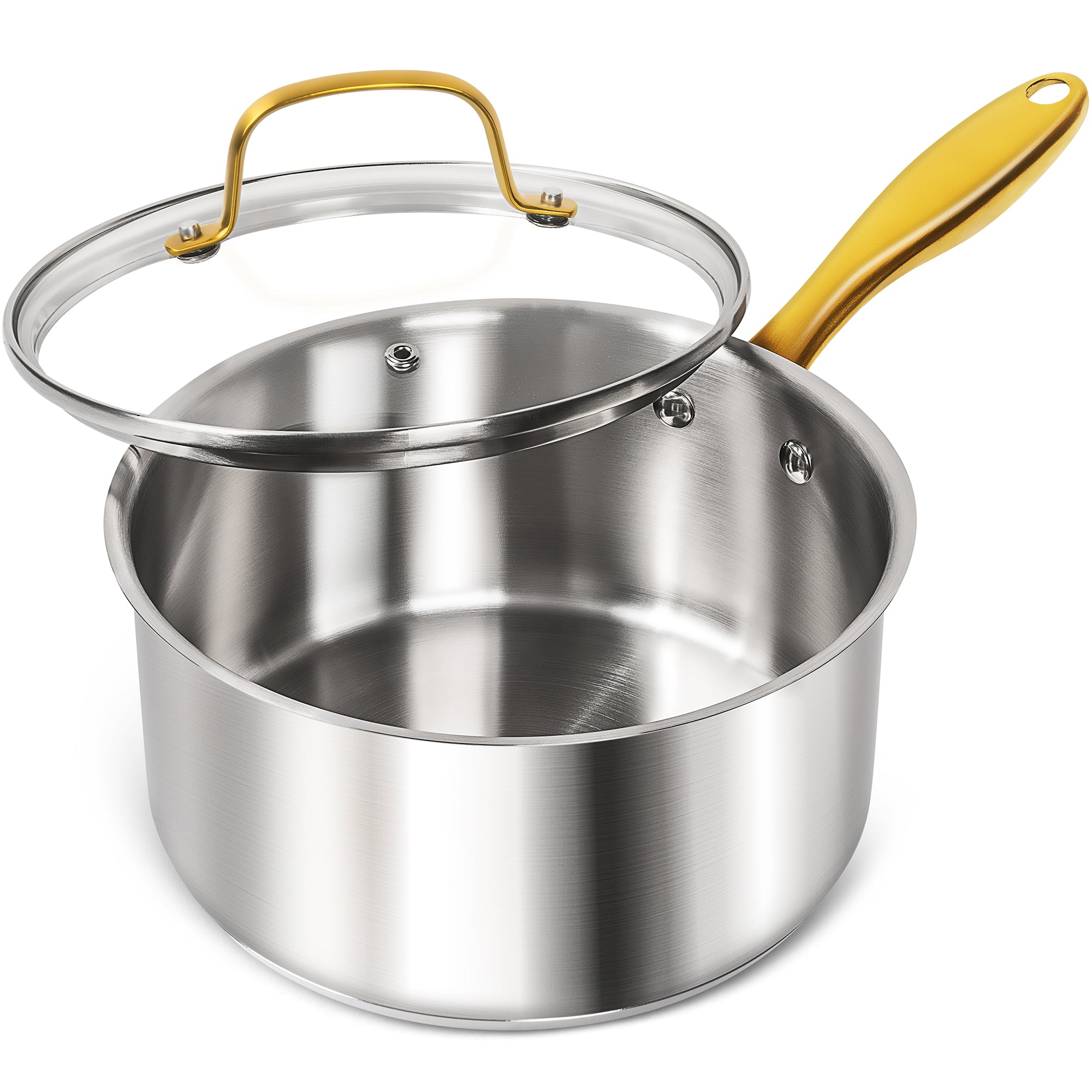 MICHELANGELO Stainless Steel Saucepan with Lid & Pour Spout 3QT,Stay-Cool Golden Handles