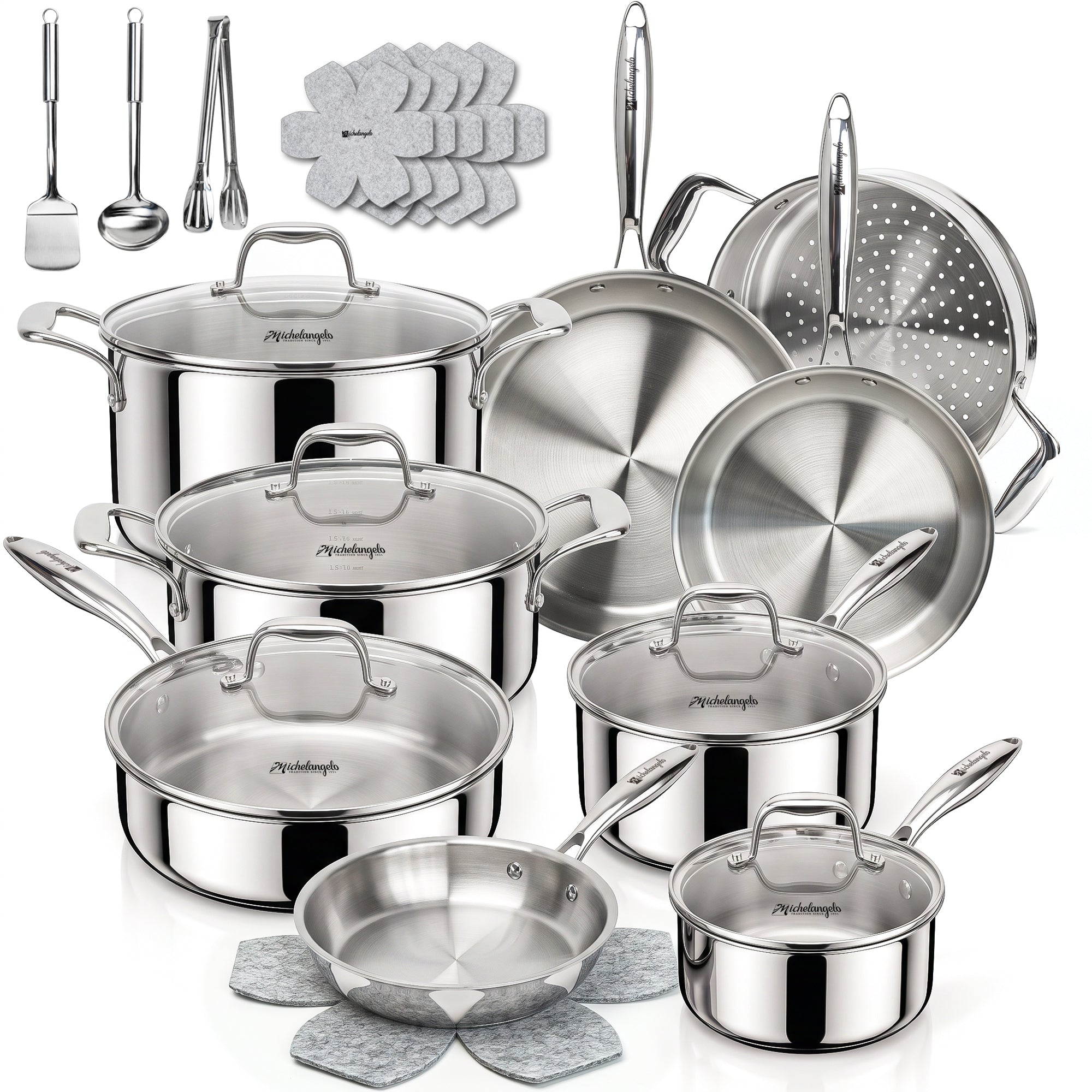 MICHELANGELO 5-Ply Stainless Steel Cookware Set, 23-Piece Pots and Pans Set
