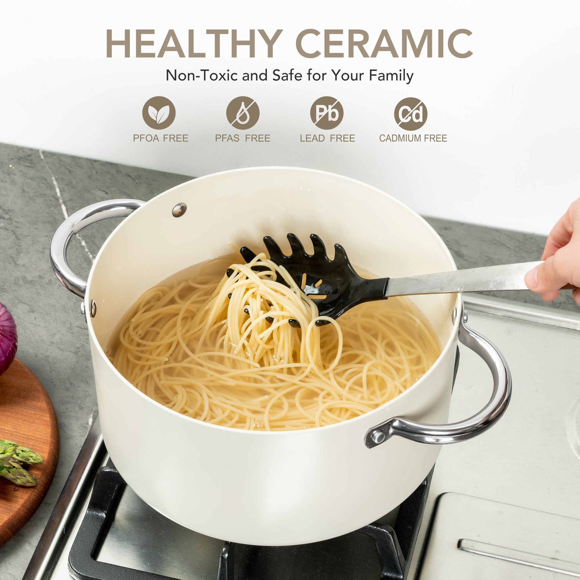 MICHELANGELO Stock Pot with Lid Non Stick Ceramic Coating Soup Pot Cream