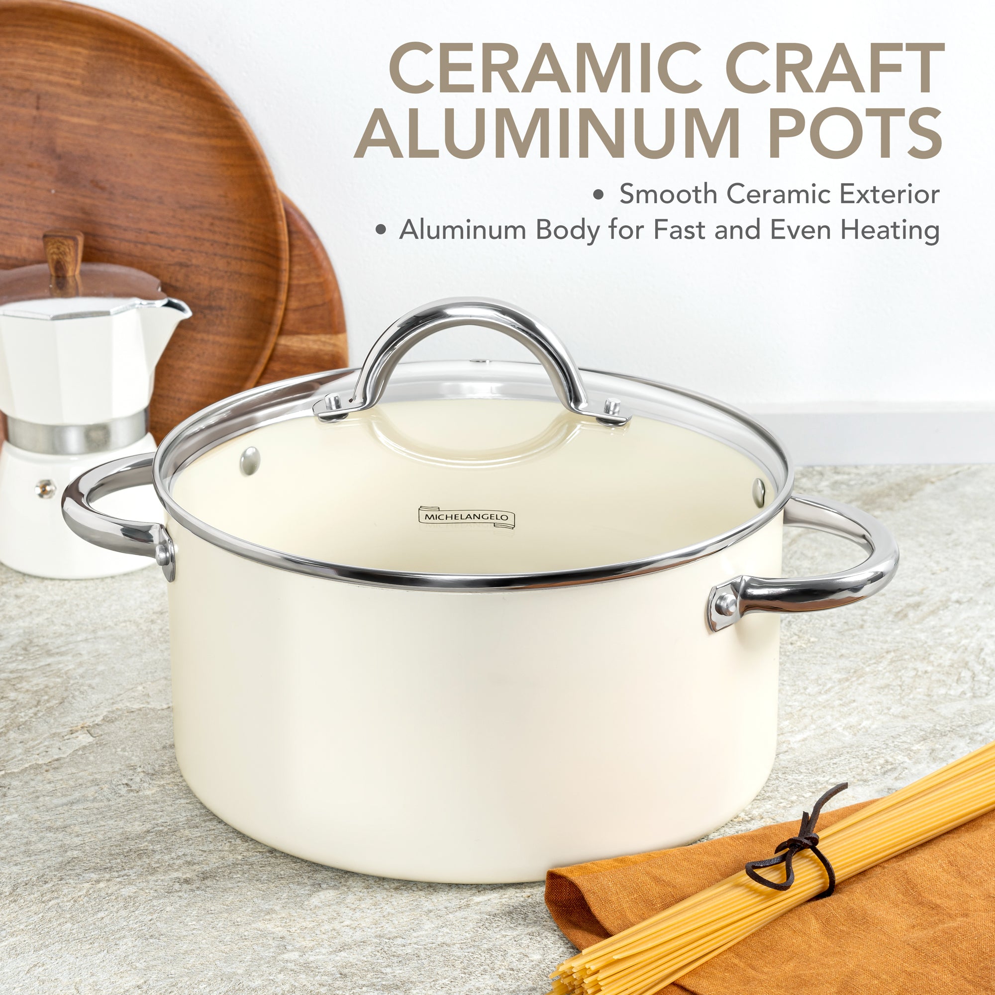 MICHELANGELO Stock Pot with Lid Non Stick Ceramic Coating Soup Pot Cream