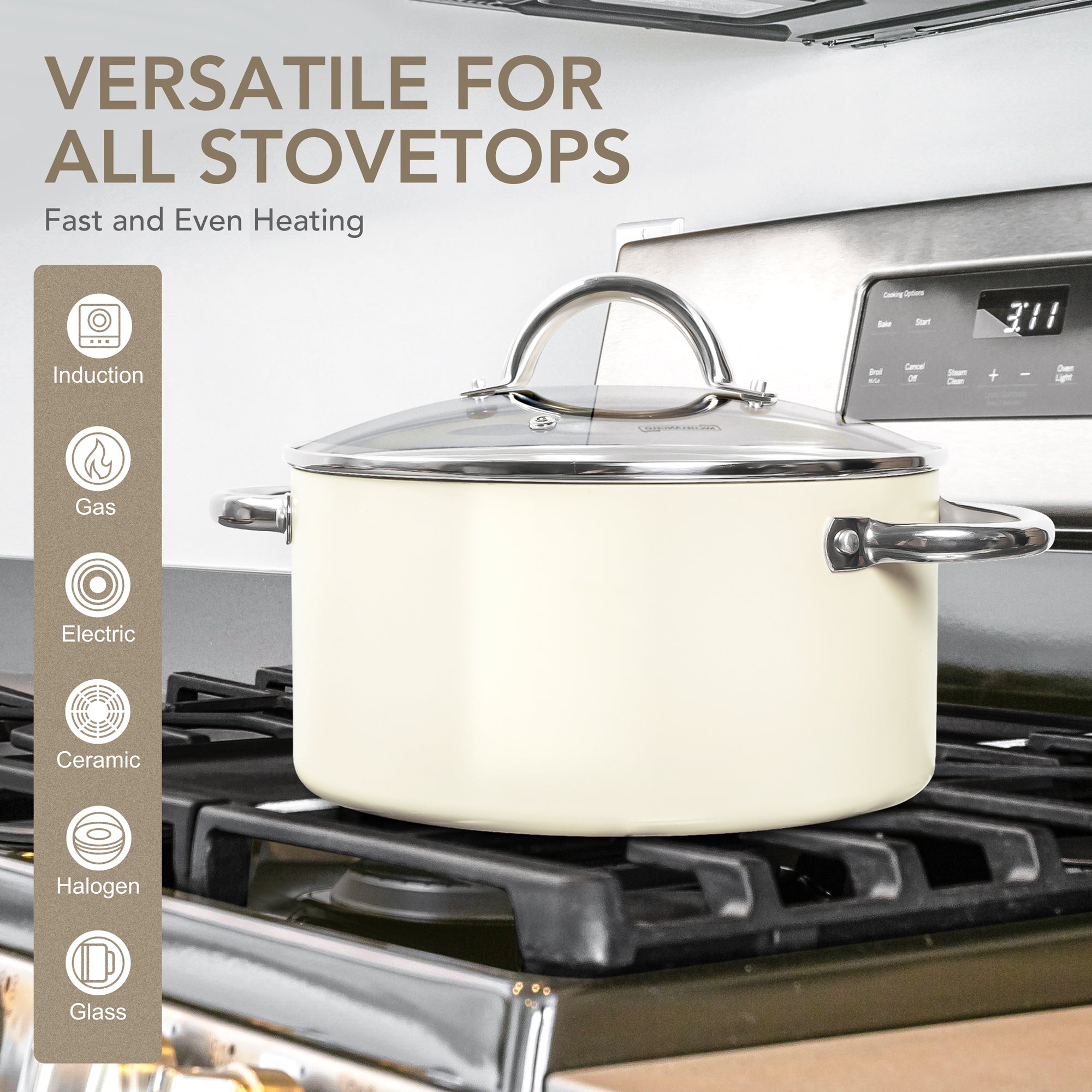 MICHELANGELO Stock Pot with Lid Non Stick Ceramic Coating Soup Pot Cream