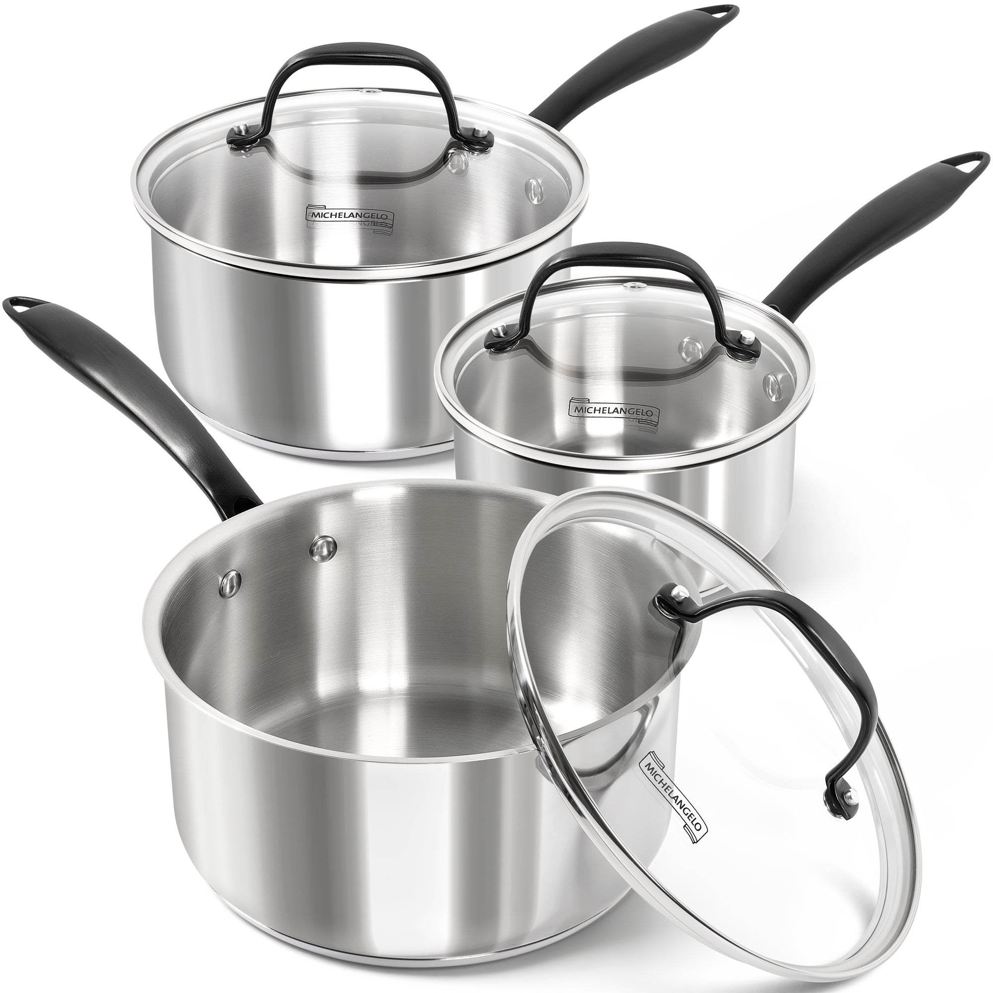 MICHELANGELO Tri-Ply Stainless Steel Saucepan with Lid,  Multipurpose Sauce Pots Set 6 Pcs