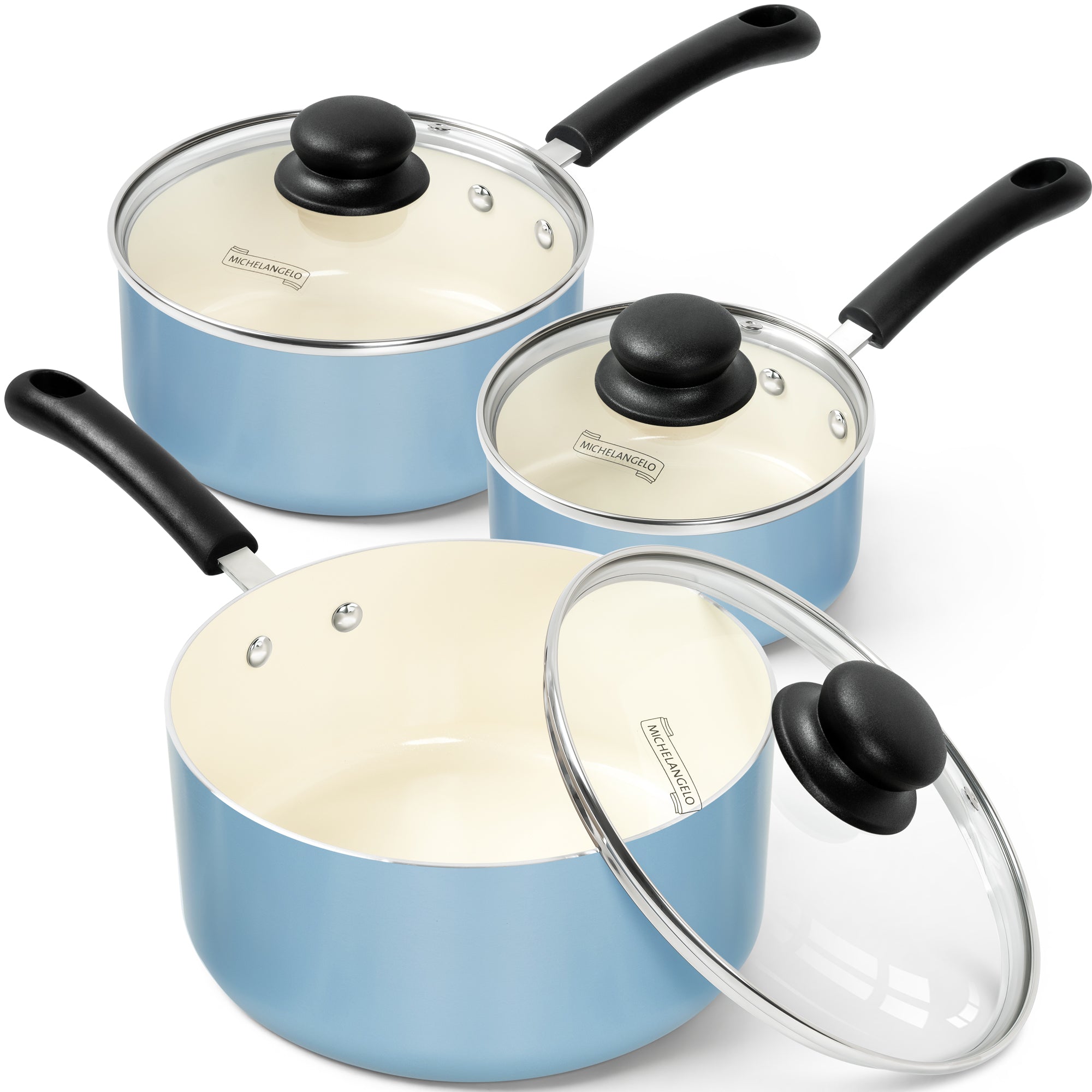 MICHELANGELO Nonstick Sauce Pan with Lid, Ceramic Saucepan Set- 1Qt & 2Qt & 3Qt, Blue