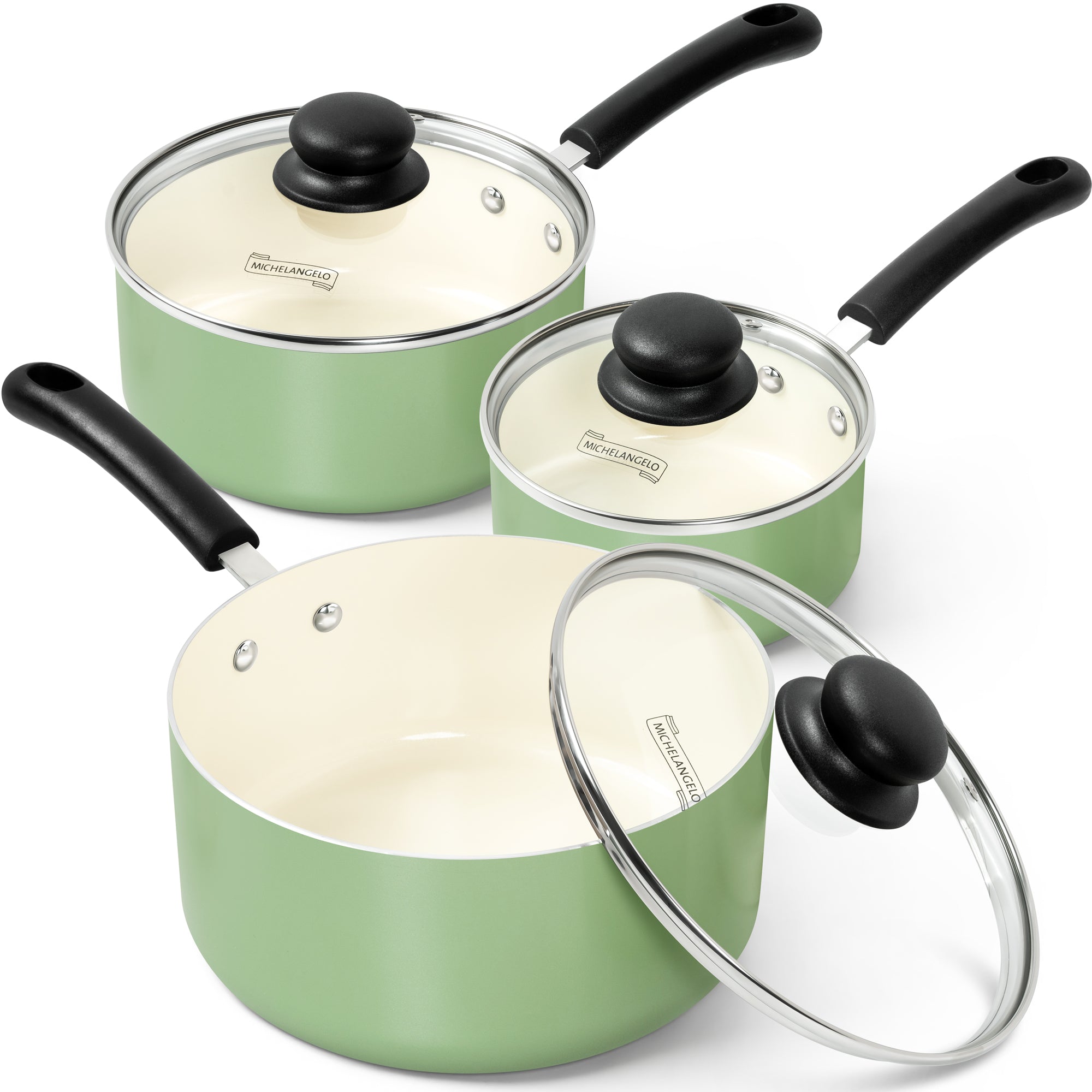 MICHELANGELO Nonstick Sauce Pan with Lid, Ceramic Saucepan Set- 1Qt & 2Qt & 3Qt, Green