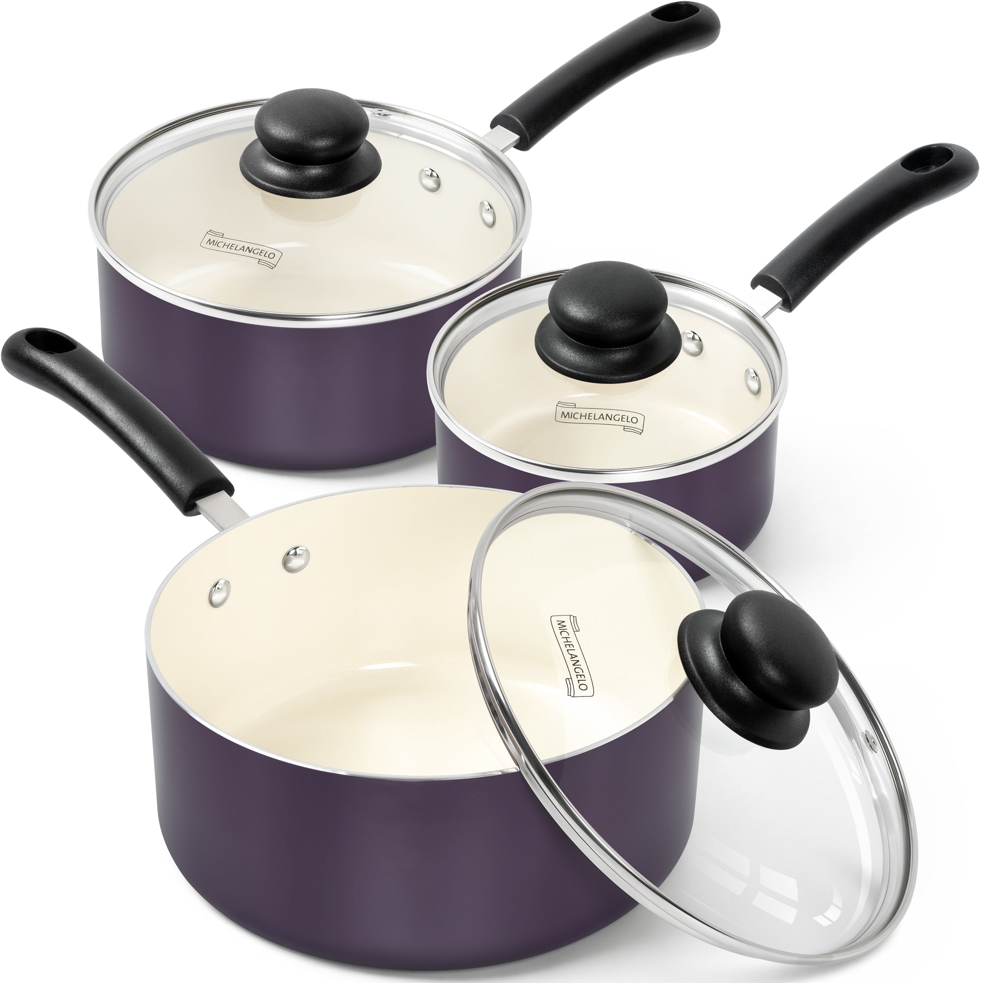 MICHELANGELO Nonstick Sauce Pan with Lid, Ceramic Saucepan Set- 1Qt & 2Qt & 3Qt, Purple