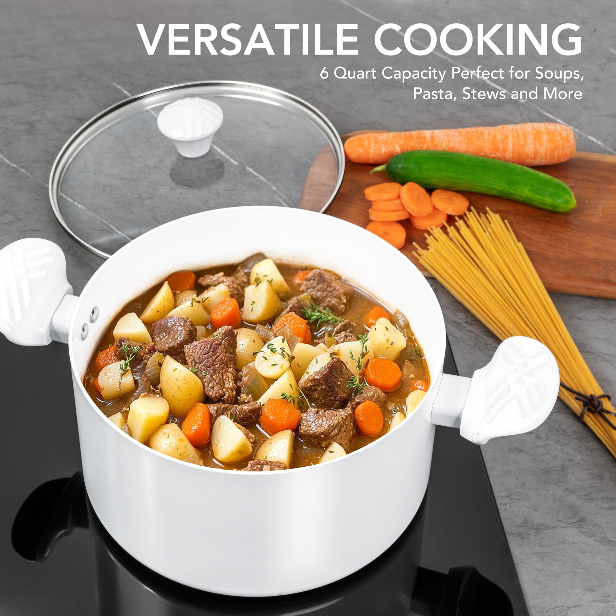 MICHELANGELO Stock Pot with Lid - 6 QT Nonstick Ceramic Cooking Pot, white