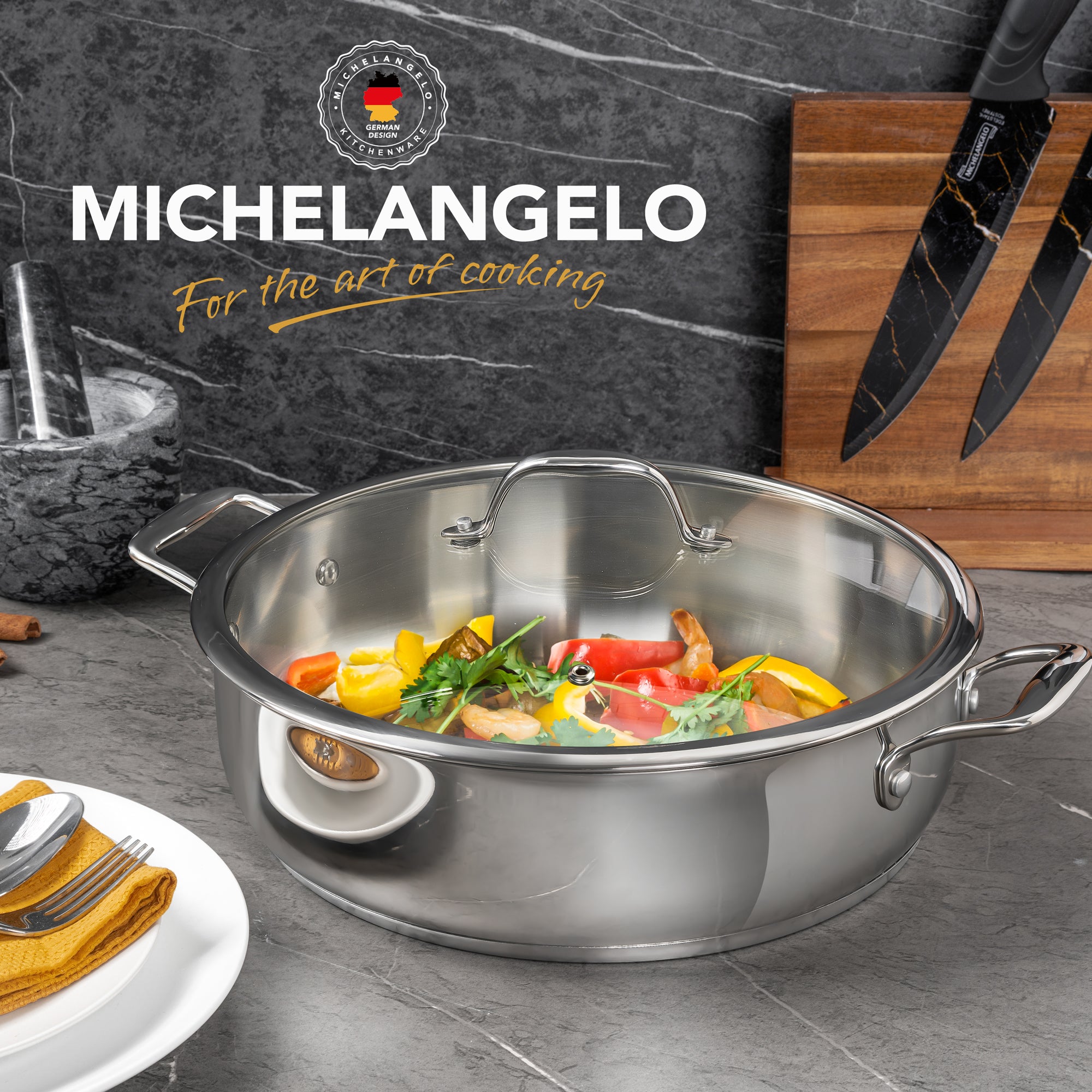 MICHELANGELO 12inch Stainless Steel Pan with Lid - 6 Quart Saute Pan, Deep Frying Pan