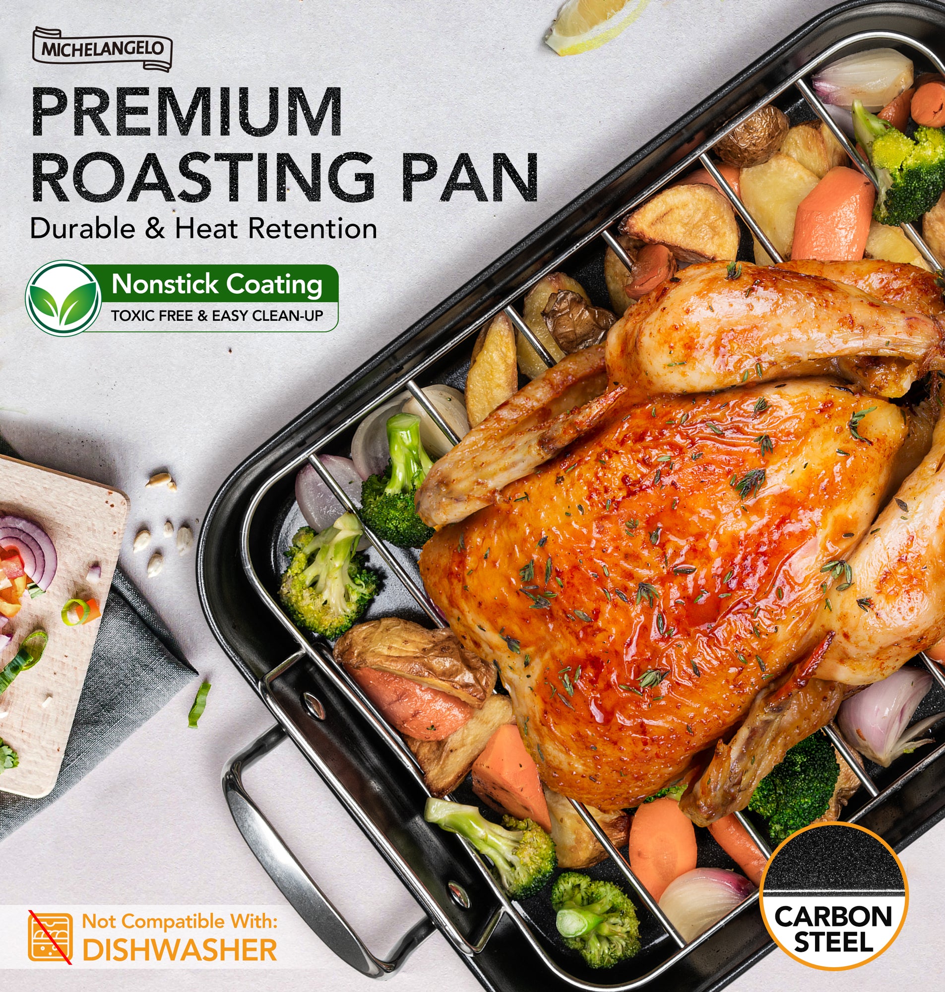 MICHELANGELO Roasting Pan with Rack  Carbon Steel Turkey Roasting Pan,15 Inch x 11 Inch