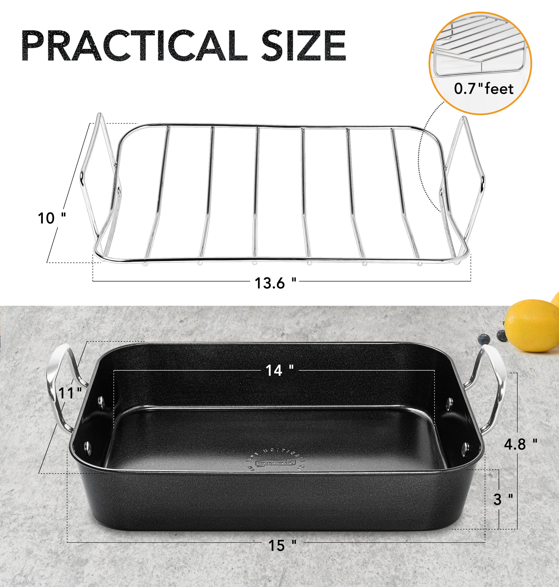 MICHELANGELO Roasting Pan with Rack  Carbon Steel Turkey Roasting Pan,15 Inch x 11 Inch