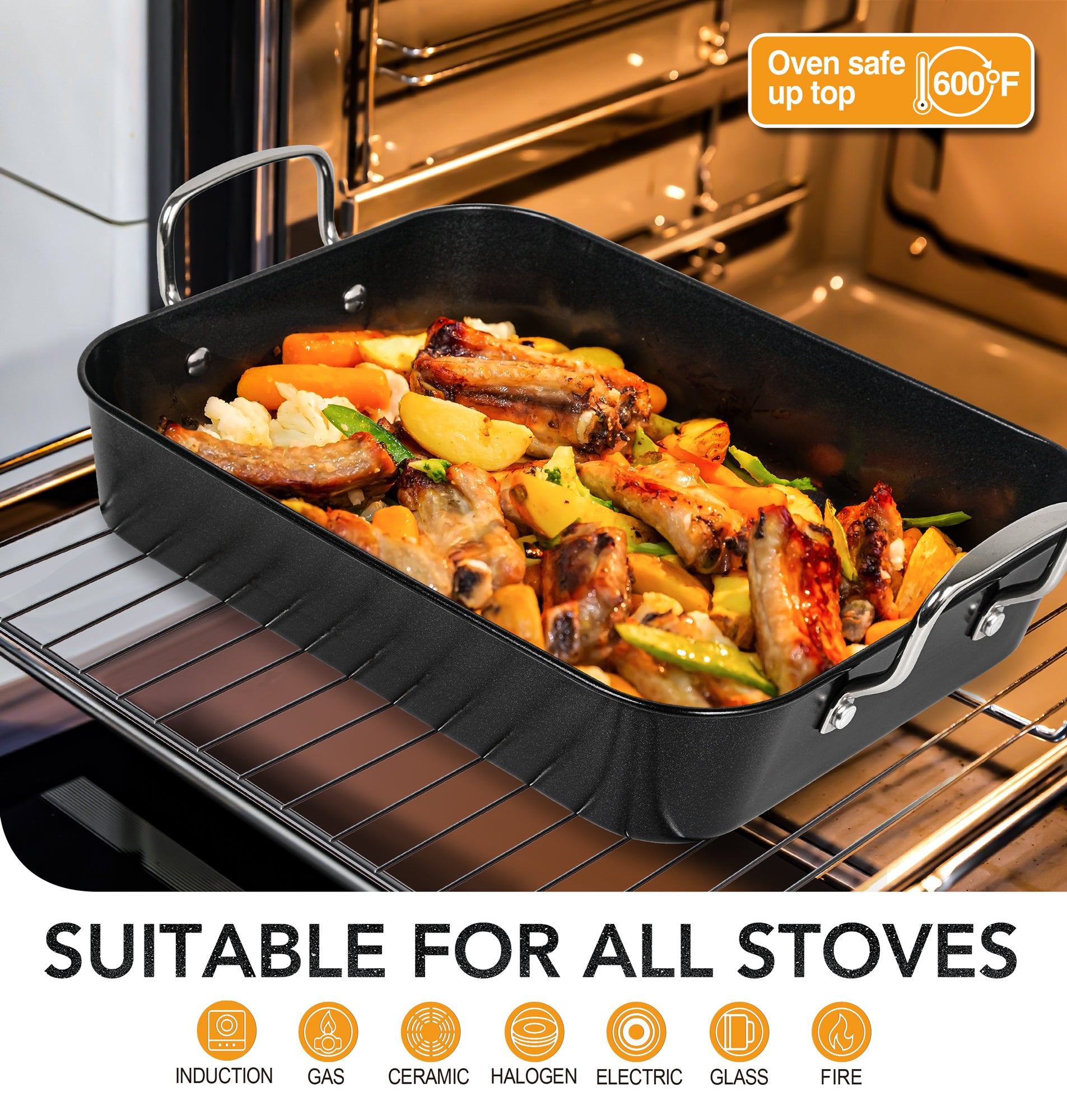 MICHELANGELO Roasting Pan with Rack  Carbon Steel Turkey Roasting Pan,15 Inch x 11 Inch