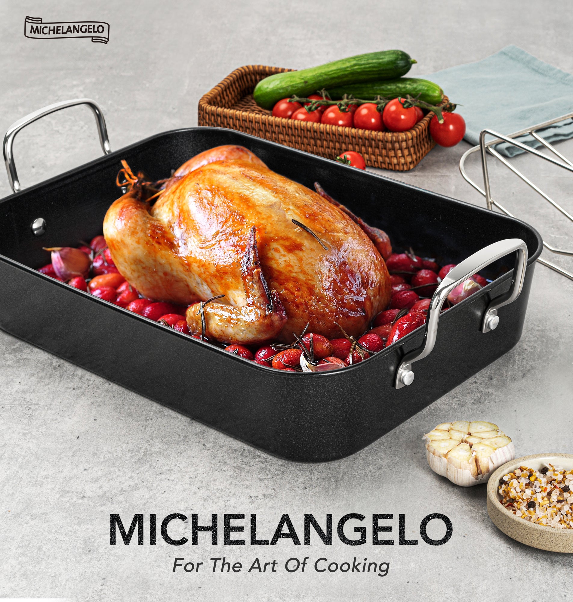 MICHELANGELO Roasting Pan with Rack  Carbon Steel Turkey Roasting Pan,15 Inch x 11 Inch