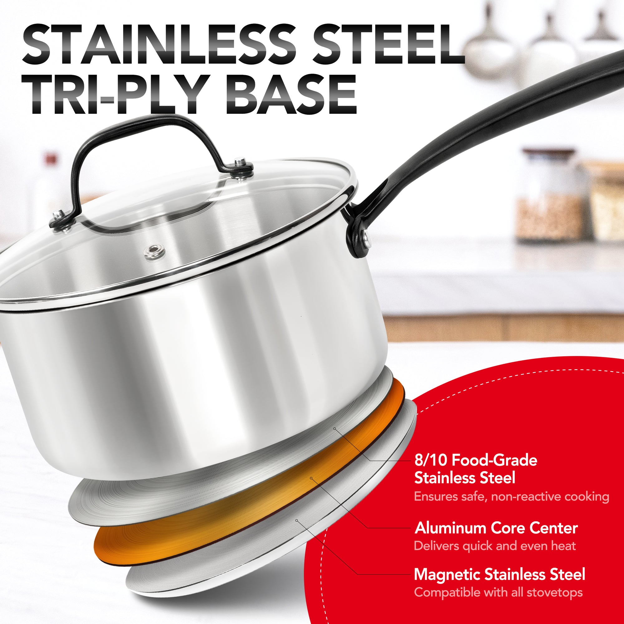 MICHELANGELO Tri-Ply Stainless Steel Saucepan with Lid,  Multipurpose Sauce Pots Set 6 Pcs