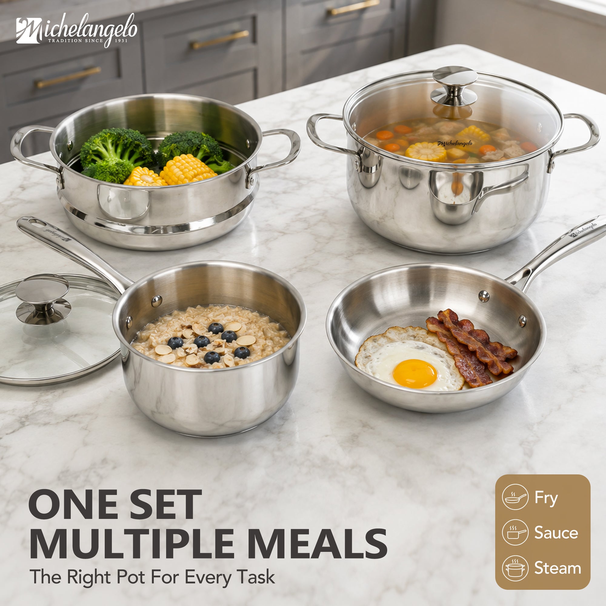 MICHELANGELO Stainless Steel Pots and Pans Set, 6-Piece Cookware Set