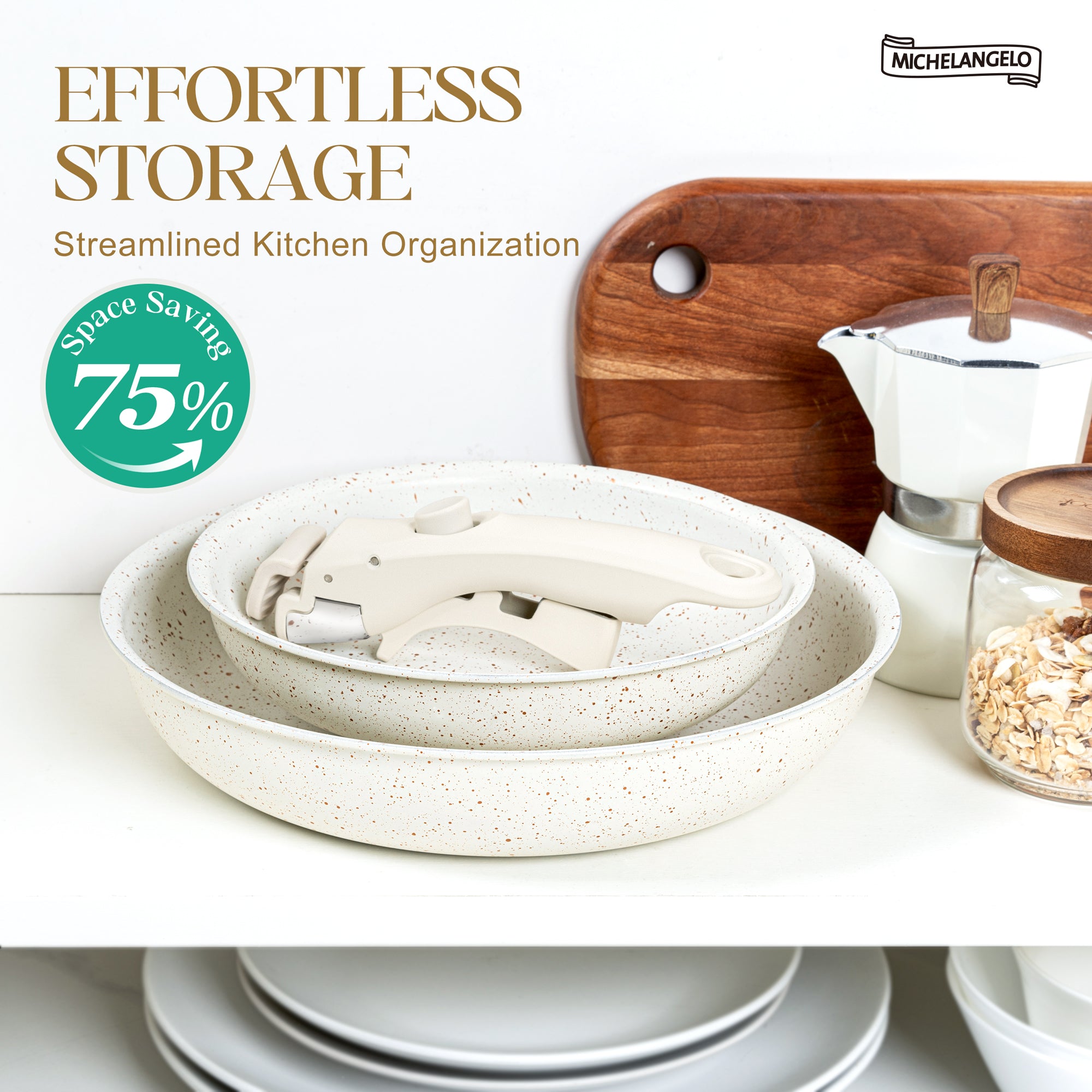 MICHELANGELO Nonstick Frying Pan Set Removable Handle, 8" and 10"，White