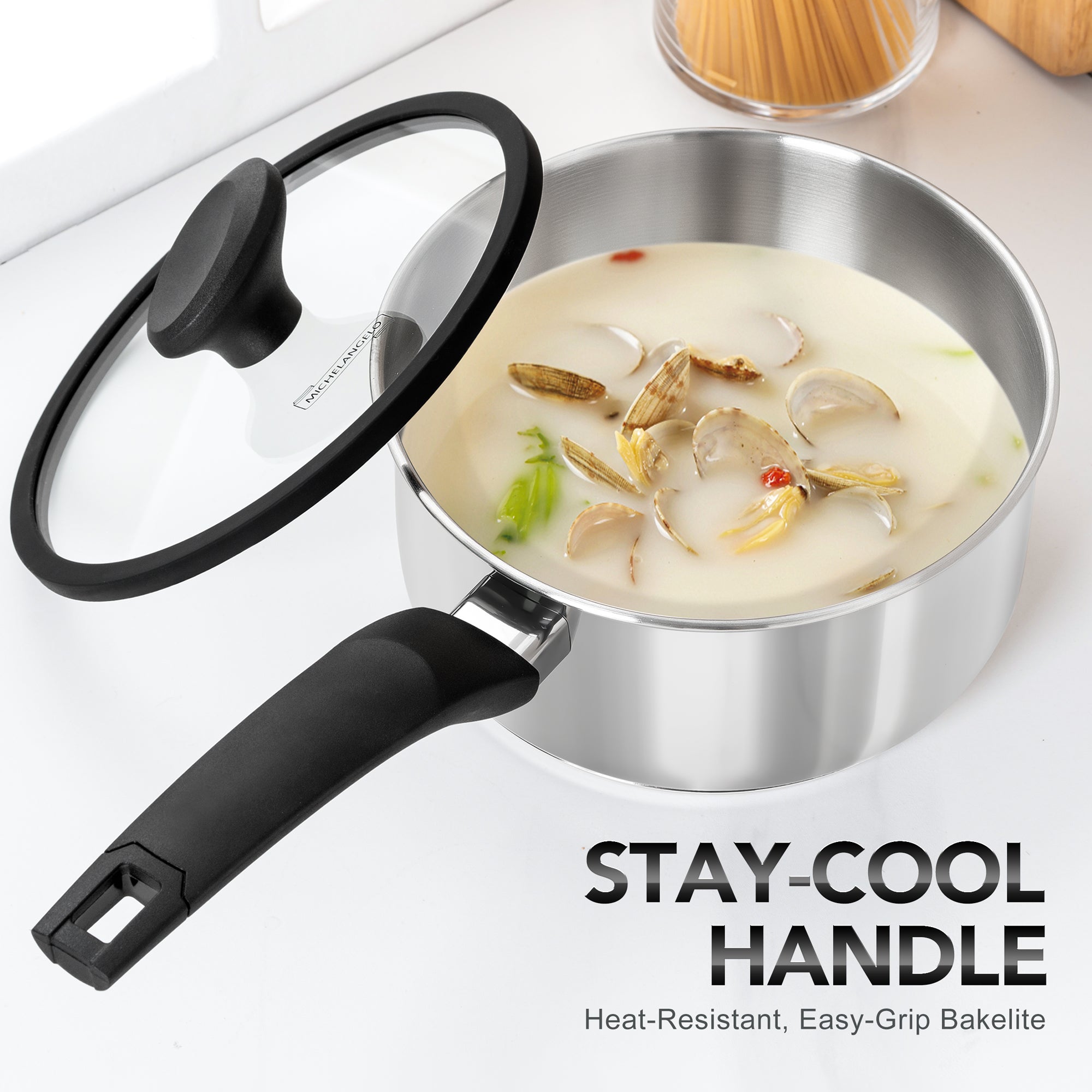 MICHELANGELO Triply Stainless Steel Saucepan with Lid and Bakelite Handle-1QT & 2QT & 3QT