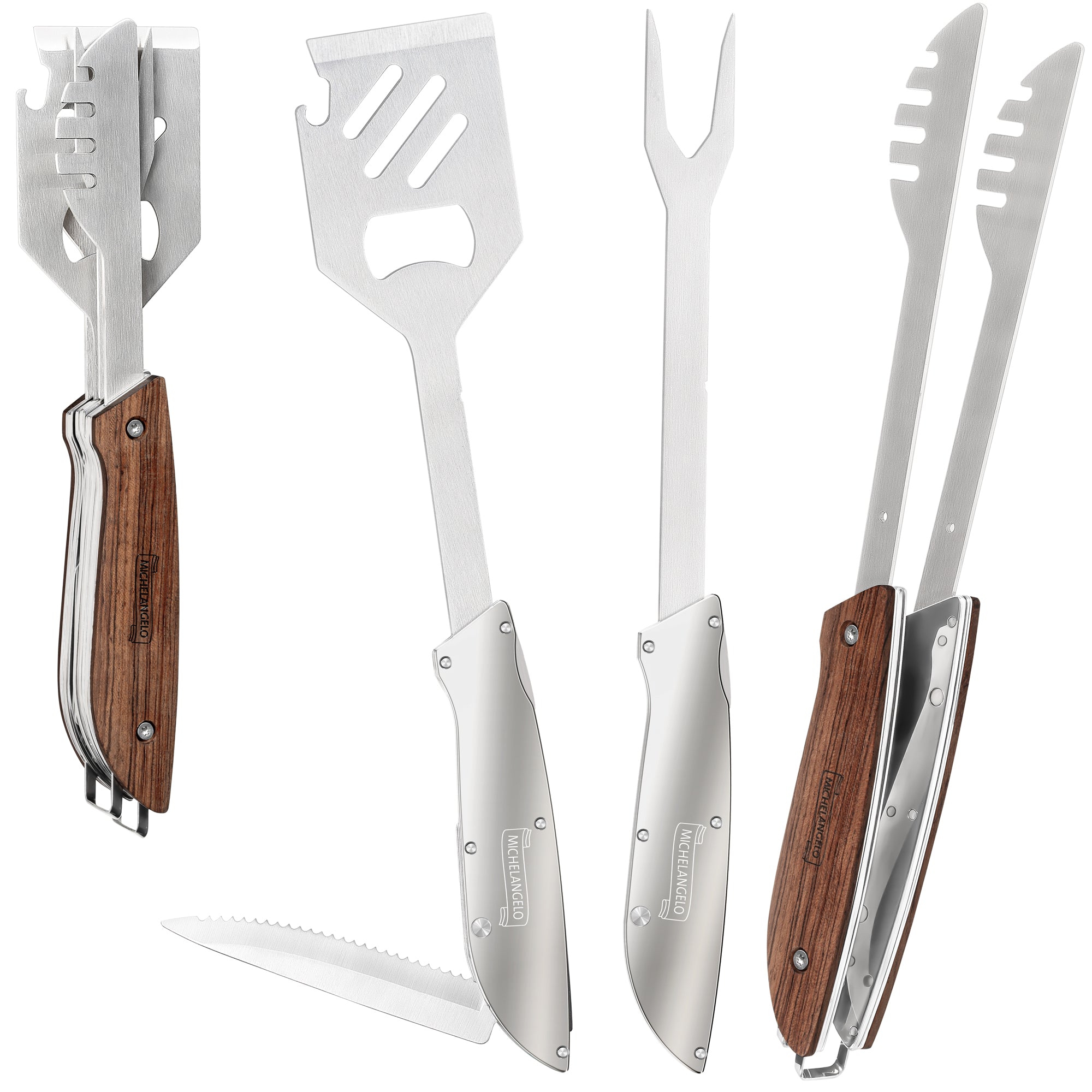 CHELANGELO 6 in 1 Grill Tools for Outdoor Grill with Spatula, Tong, Fork, Steak Knife, Bottle & Can Opener