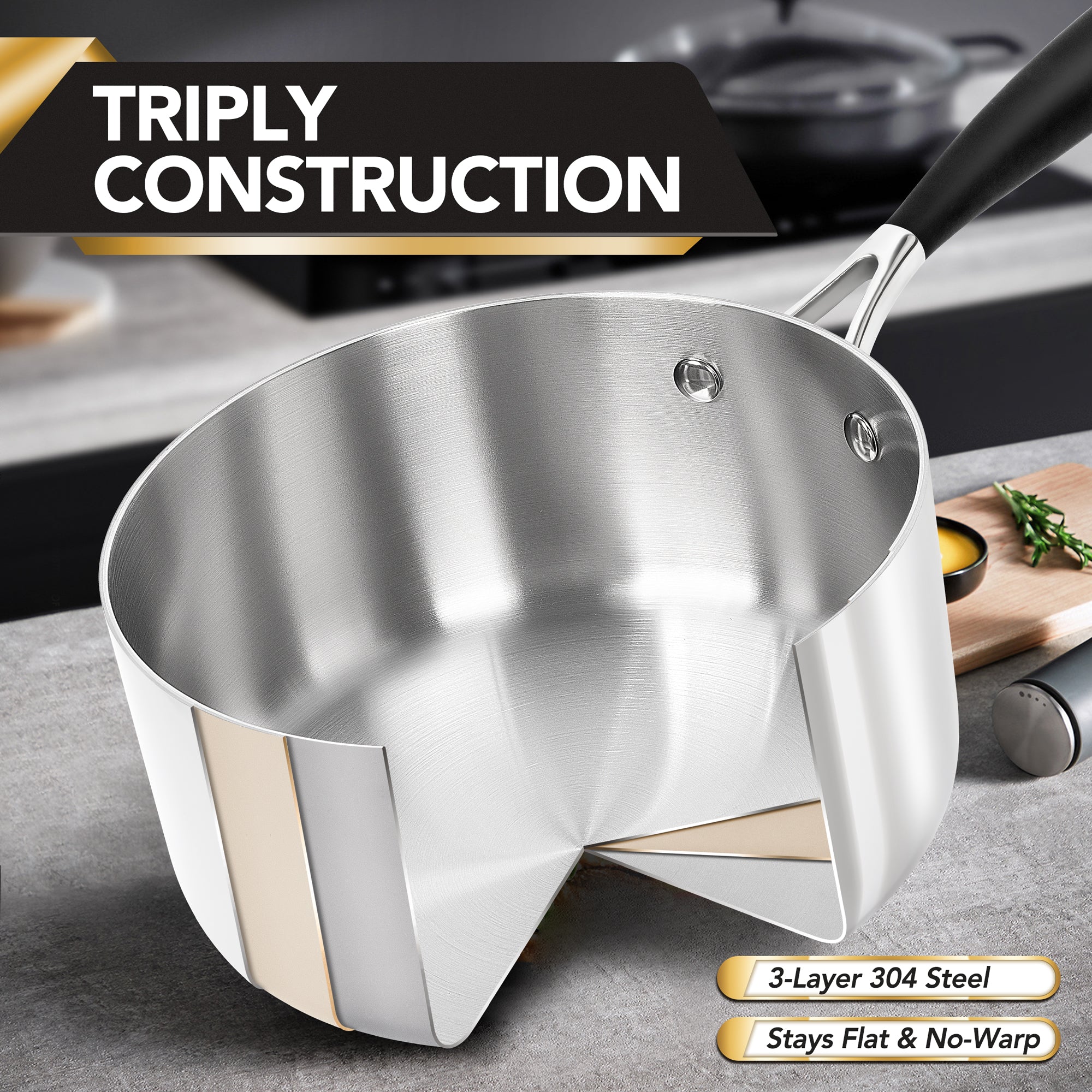 MICHELANGELO Triply Stainless Steel Saucepan Set with Strainer Lid- 1QT & 2QT & 3QT