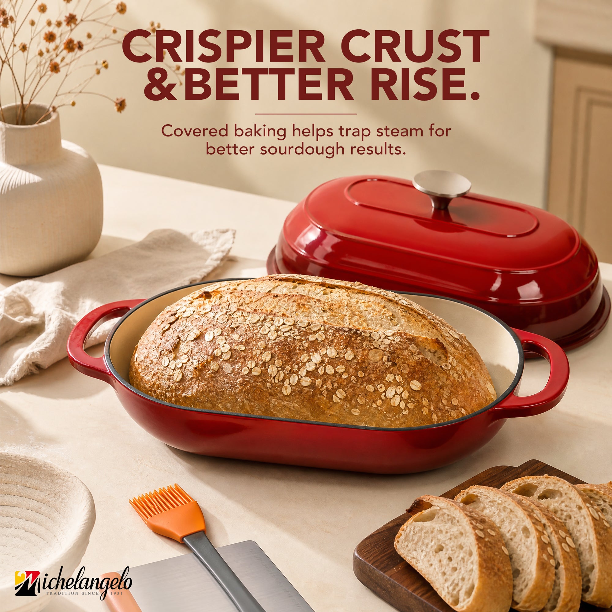 MICHELANGELO Enameled Cast Iron Bread Oven, Oval Sourdough Dutch Oven & Lid