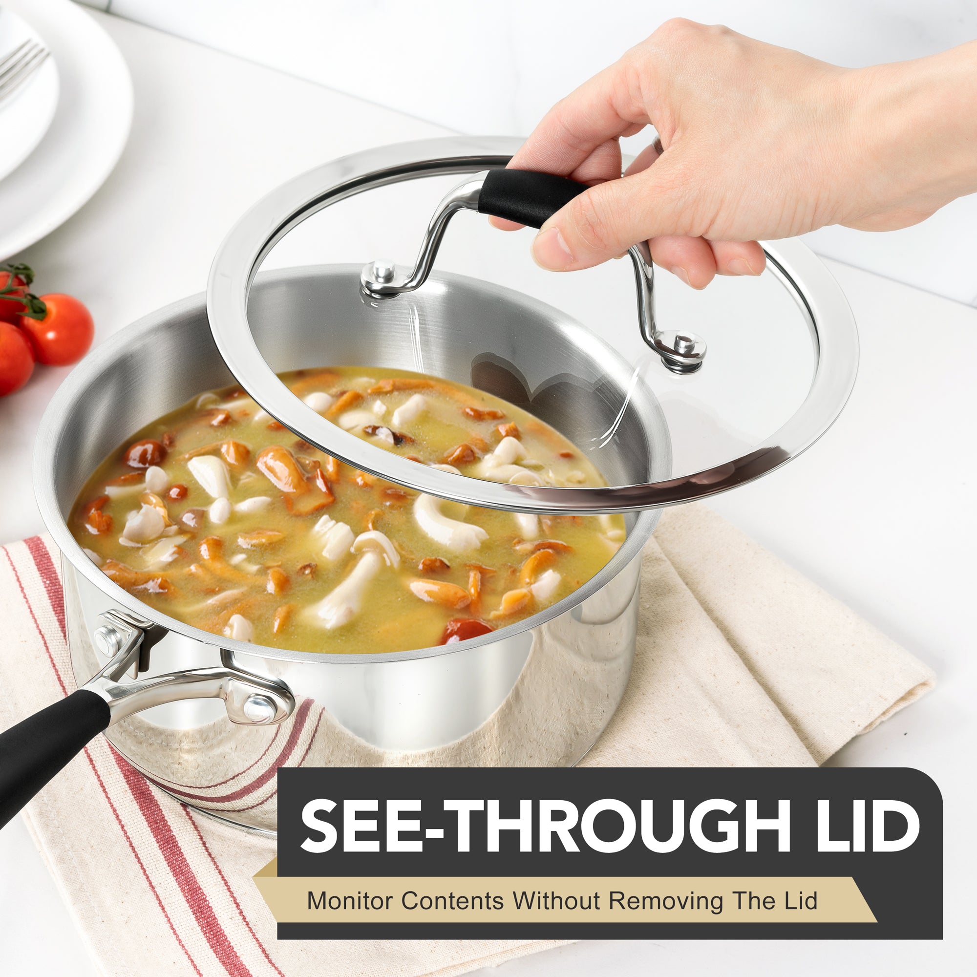 MICHELANGELO Triply Stainless Steel Saucepan with Lid 6 Pcs,Multipurpose Saucepans Set-1QT & 2QT & 3QT
