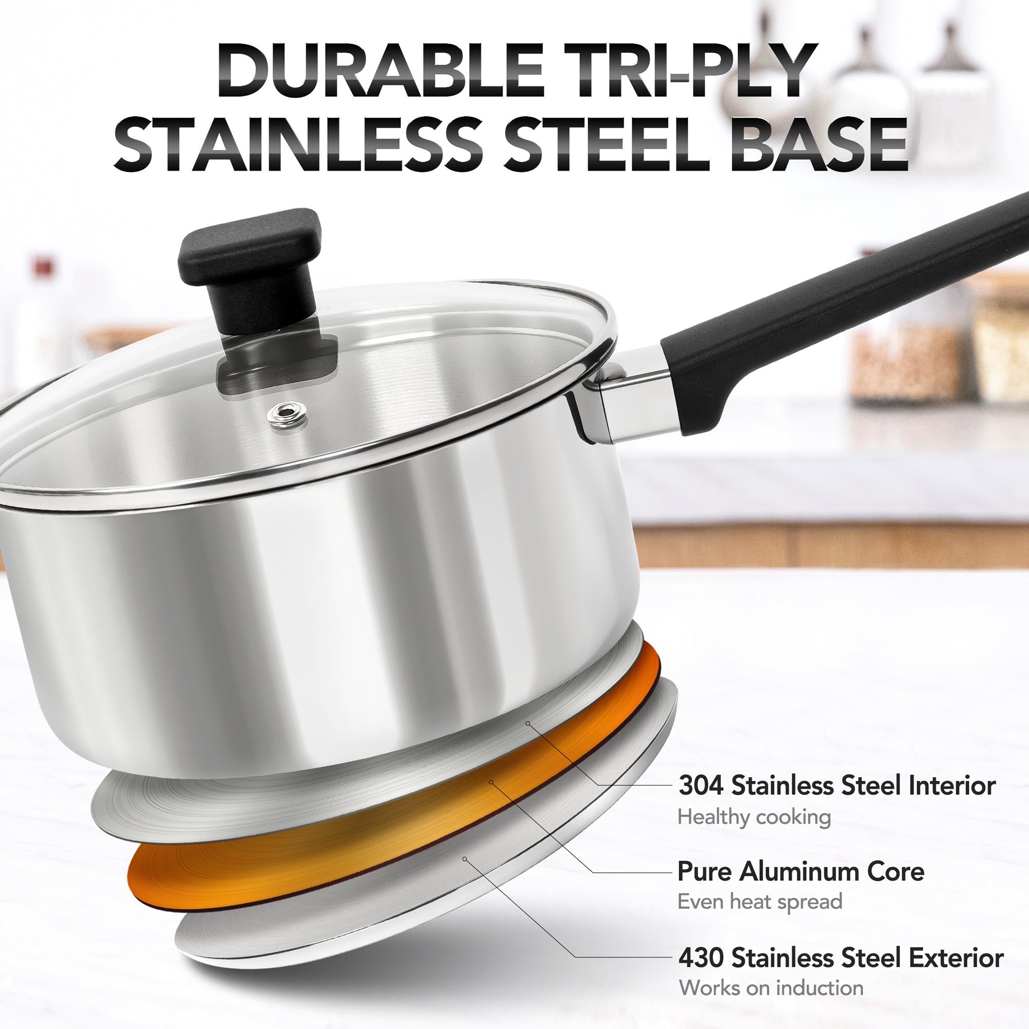 MICHELANGELO Stainless Steel Sauce Pan 1QT & 2QT & 3QT with Lid , Nonstick Sauce Pans Set