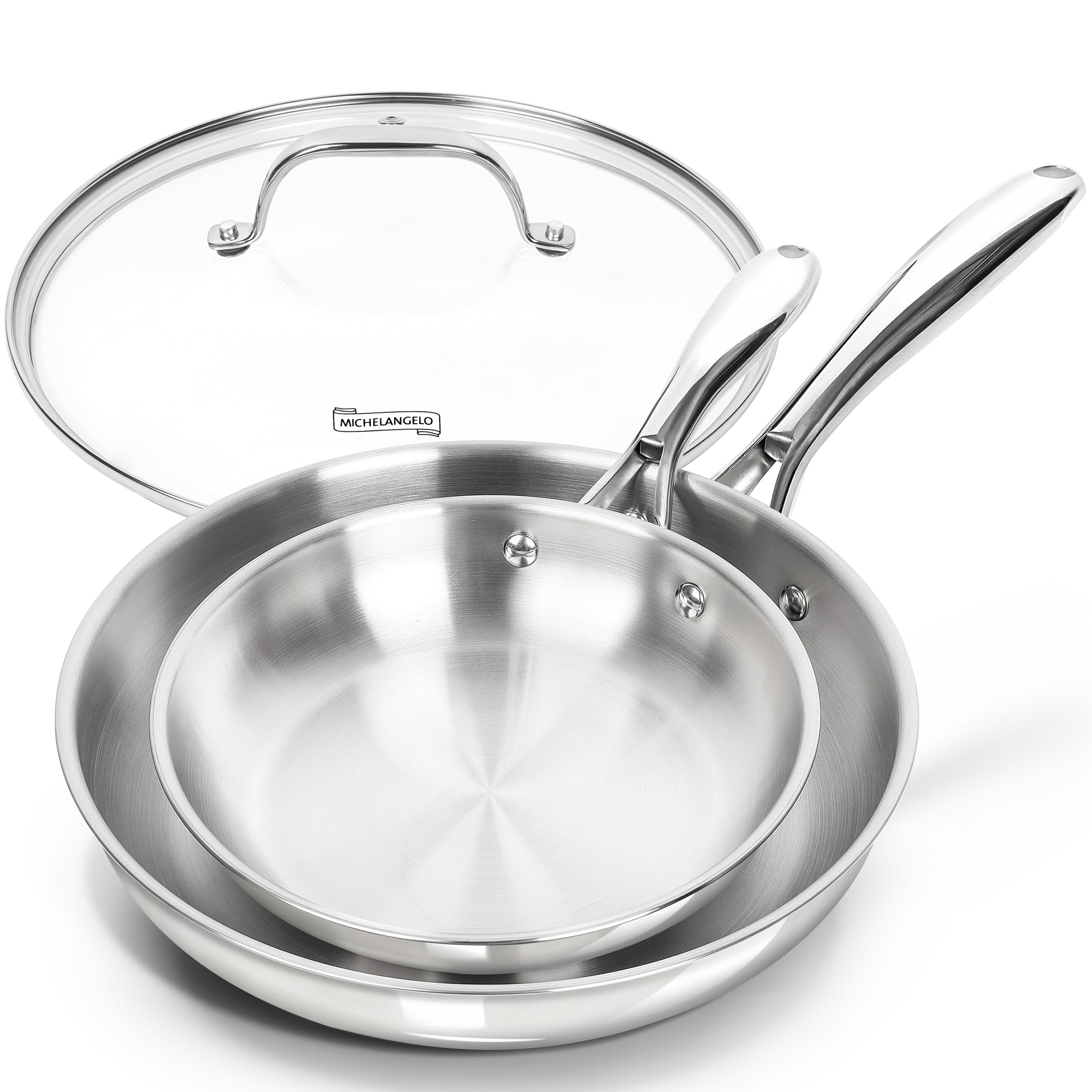 MICHELANGELO Stainless Steel Frying Pan Set with Lid, 8" 10" Cooking Pan set with Triply Base
