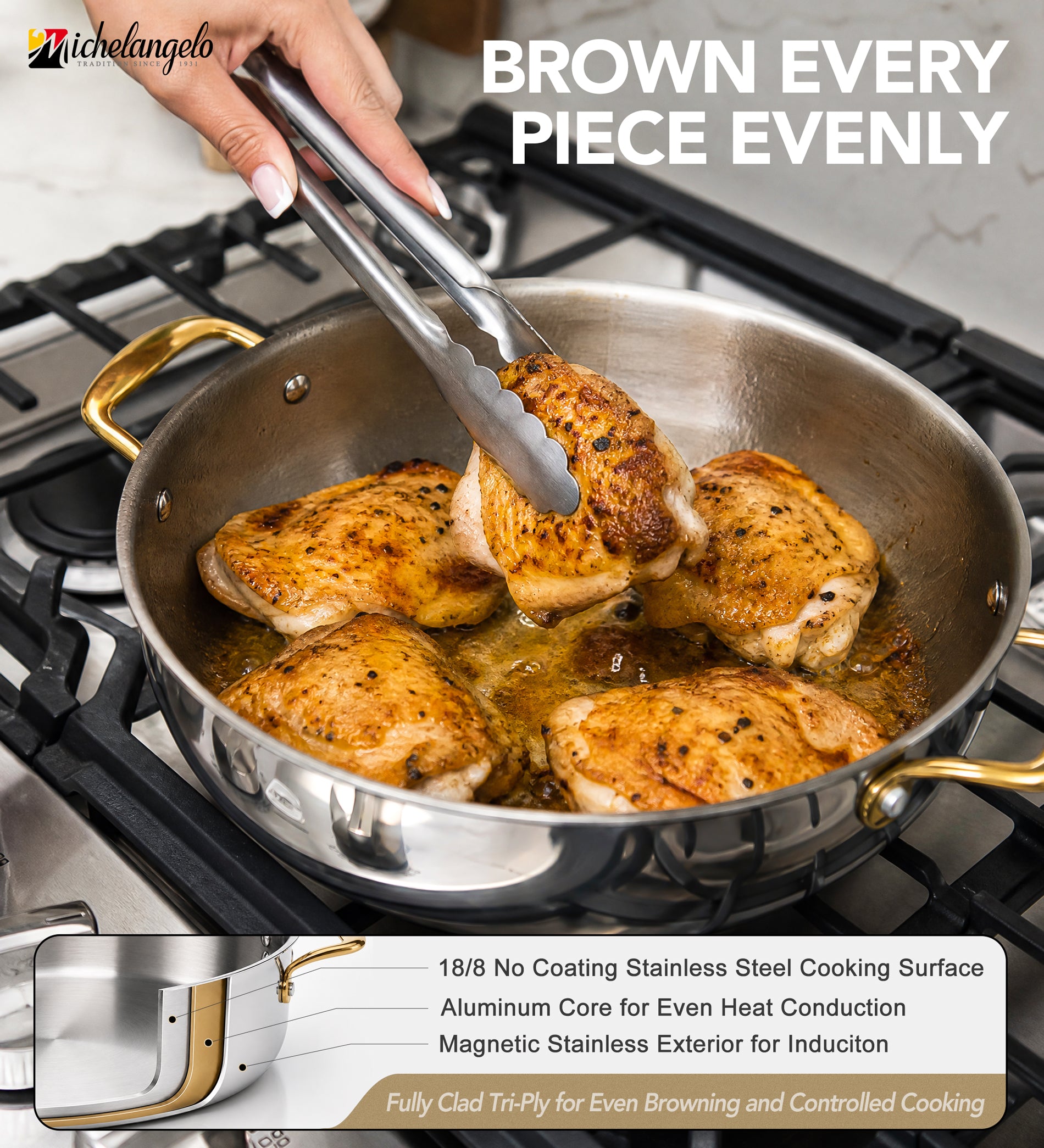 MICHELANGELO 12-Inch Tri-Ply Stainless Steel Saute Pan with Glass Lid, 6 QT
